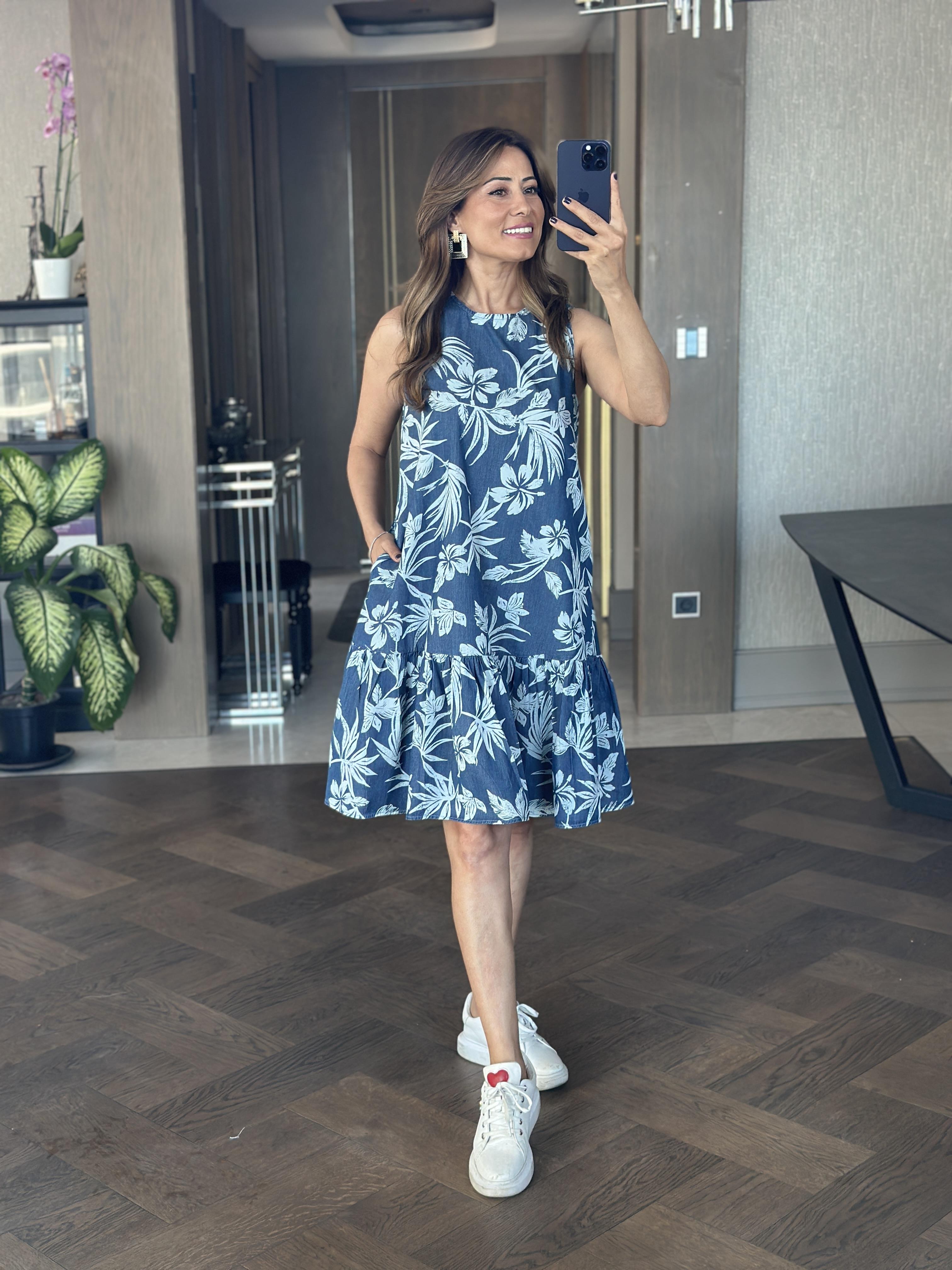 Lacivert Desenli Tnsl Denim Sıfır Kol Kadın Çan Elbise