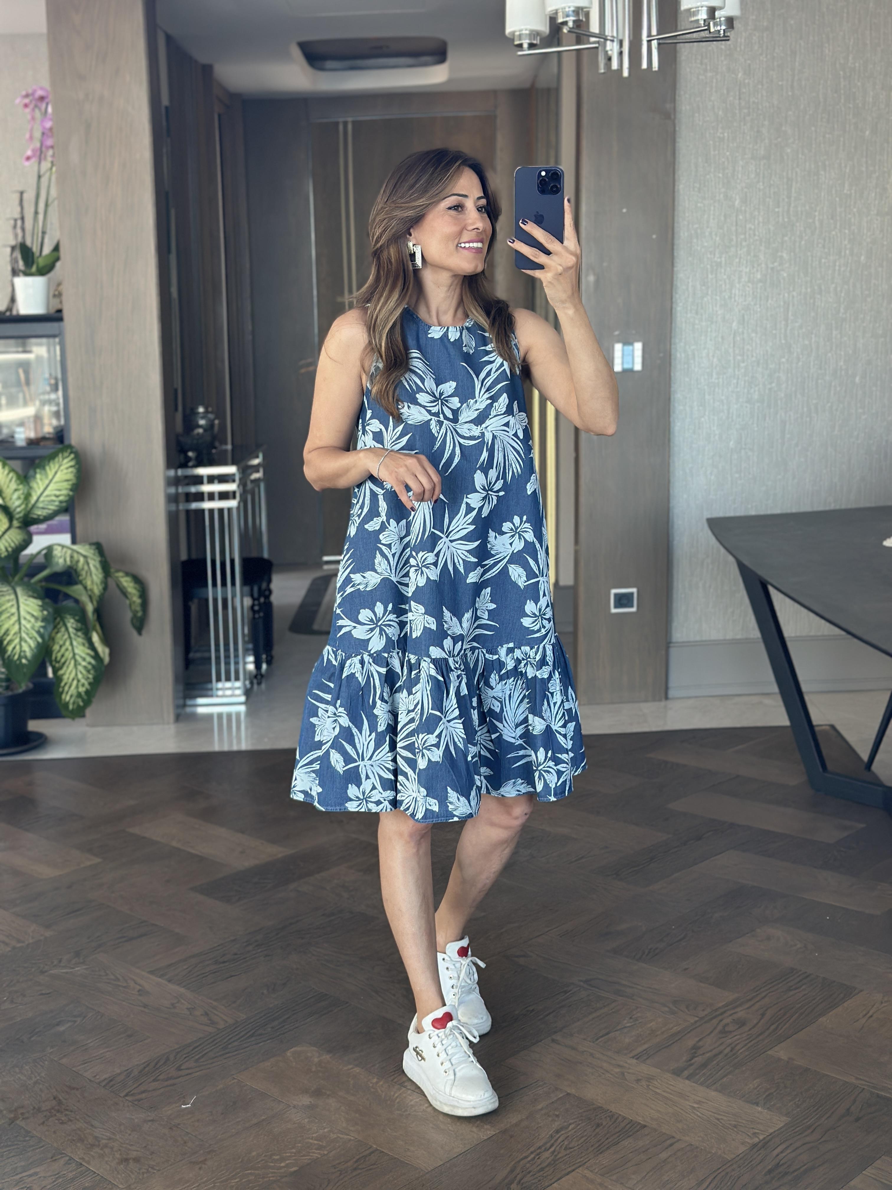 Lacivert Desenli Tnsl Denim Sıfır Kol Kadın Çan Elbise