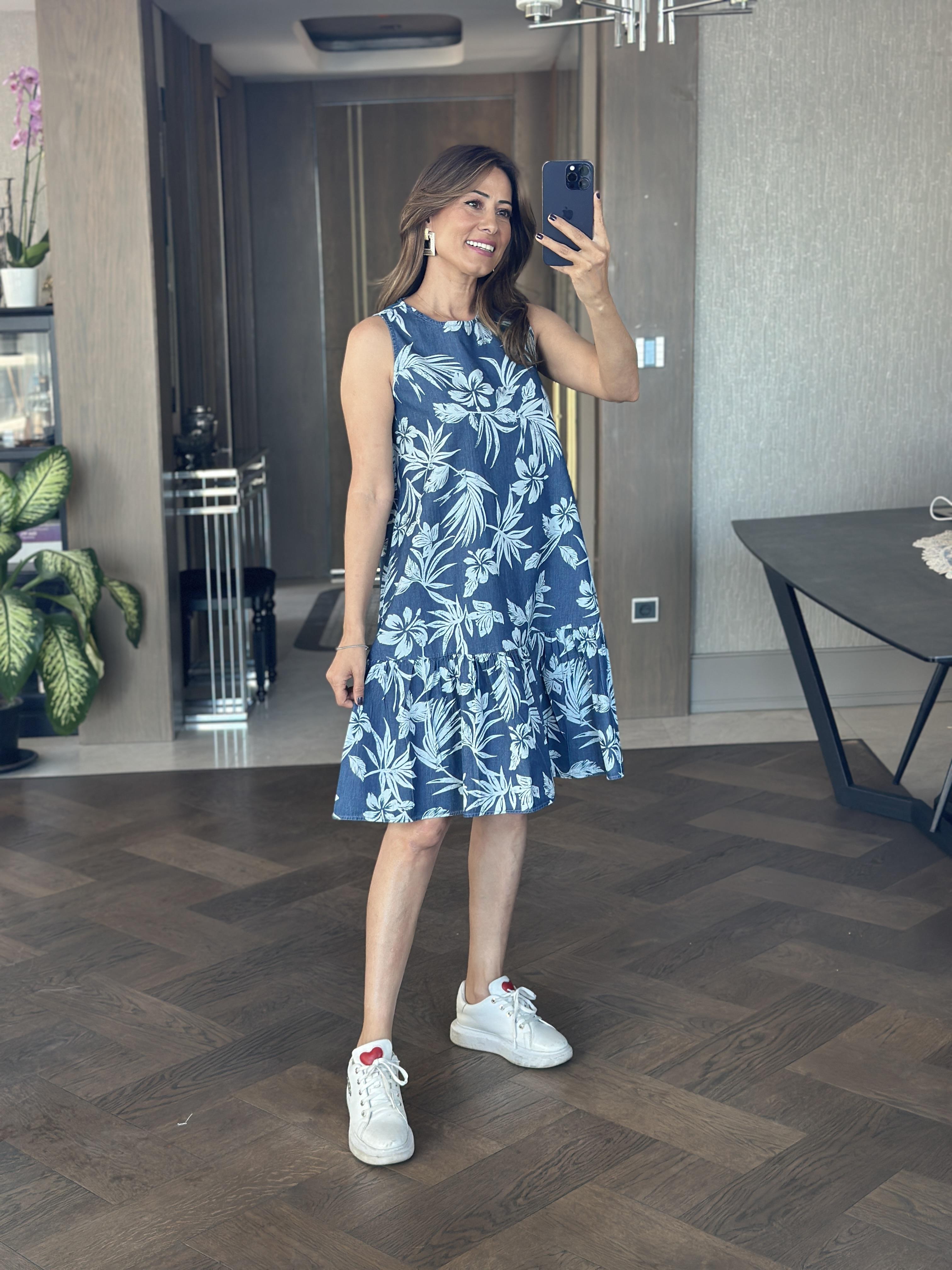 Lacivert Desenli Tnsl Denim Sıfır Kol Kadın Çan Elbise