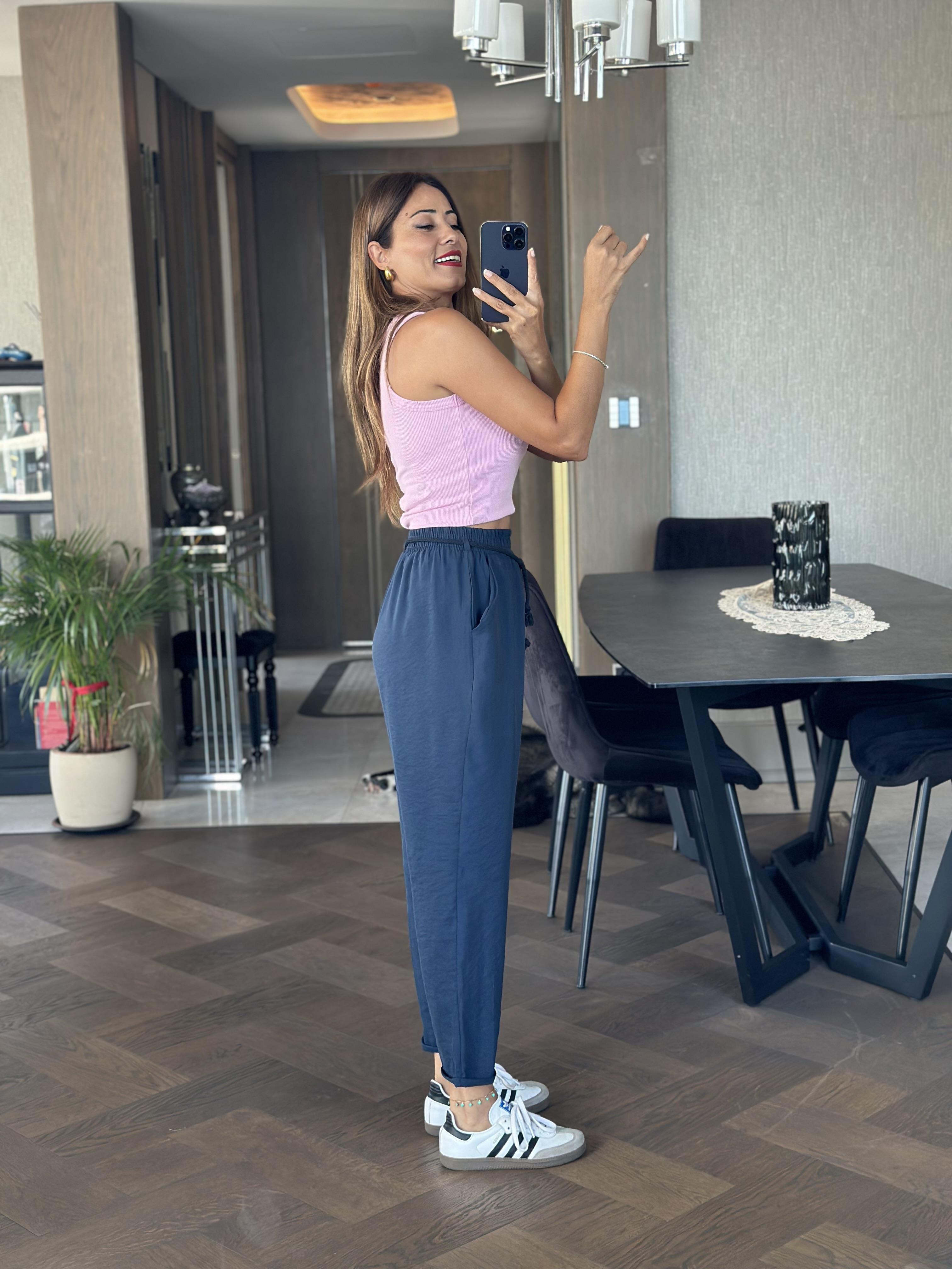 Lacivert Duble Paça Örgü Kemerli Tnsel Kadın Pantolon