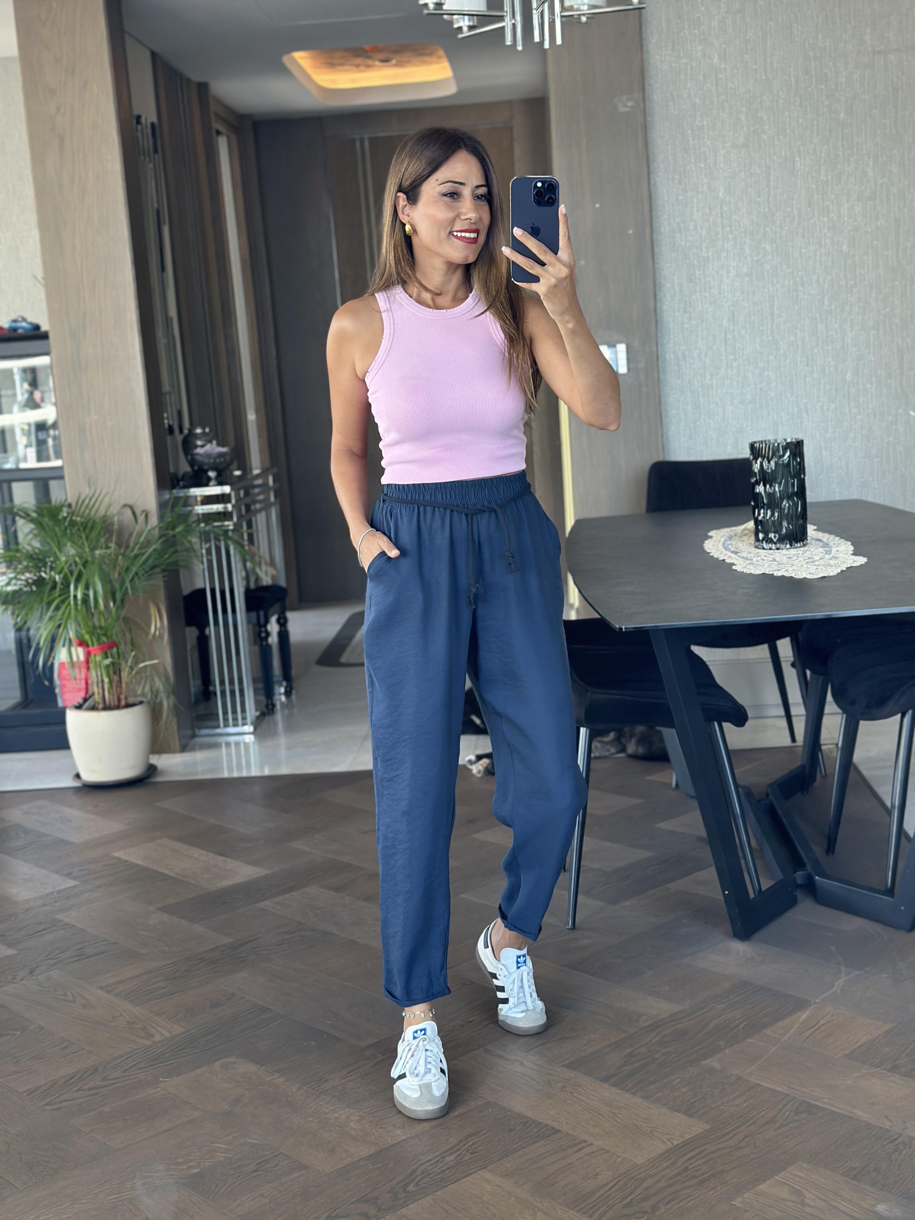 Lacivert Duble Paça Örgü Kemerli Tnsel Kadın Pantolon