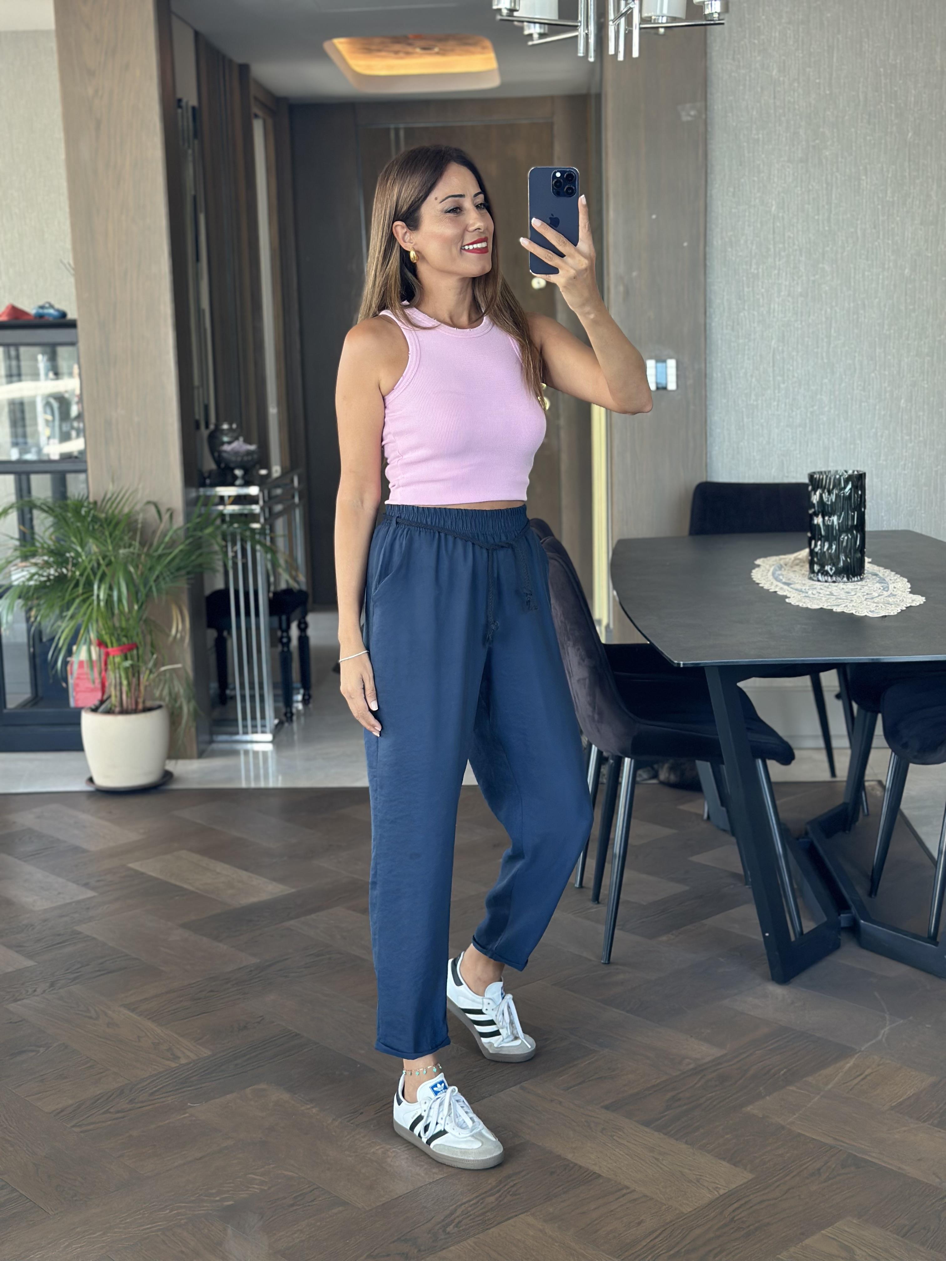 Lacivert Duble Paça Örgü Kemerli Tnsel Kadın Pantolon