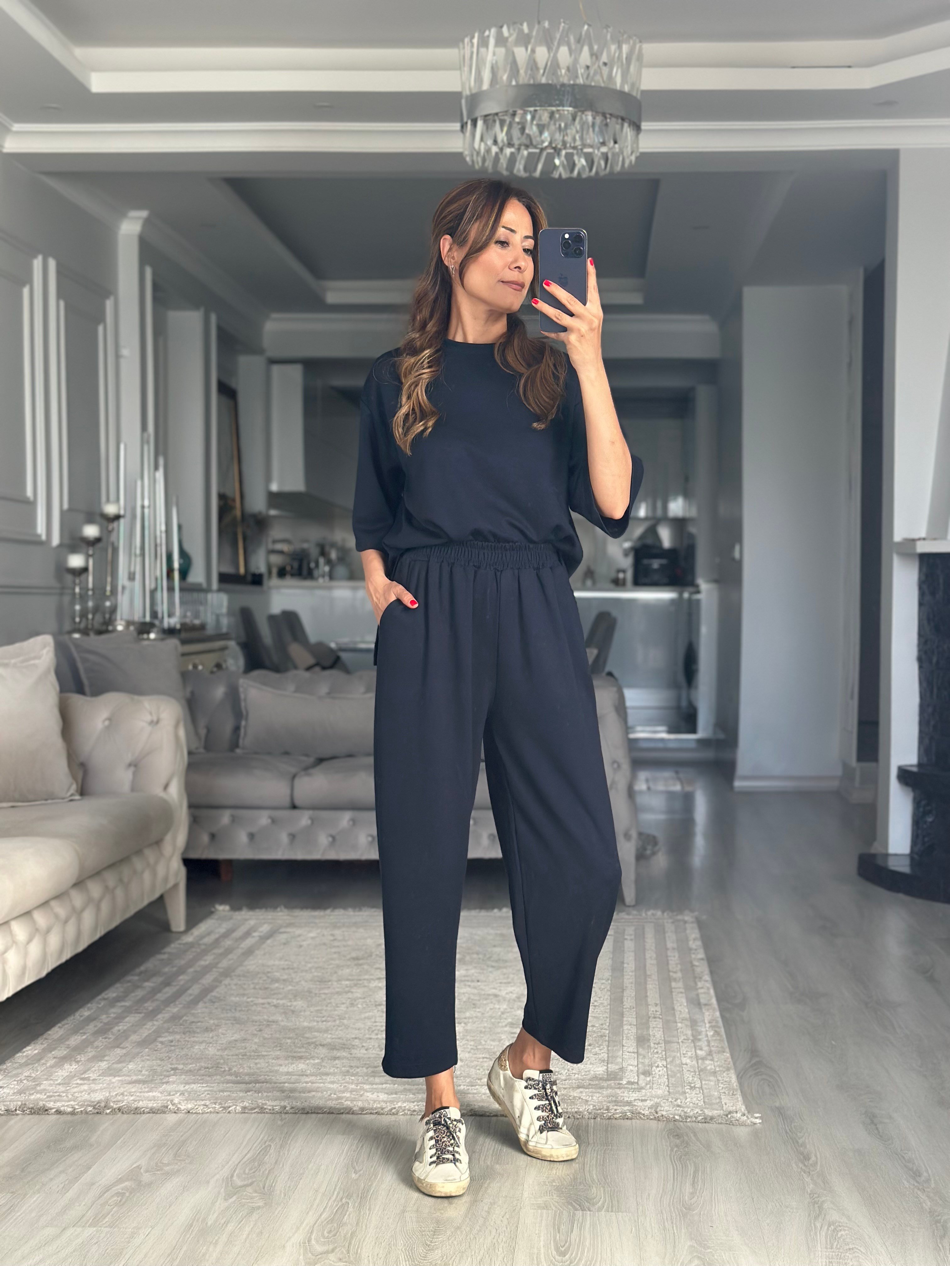 Lacivert Fakir Kol Yırtmaçlı Oversize Modal Kadın İkili Takım