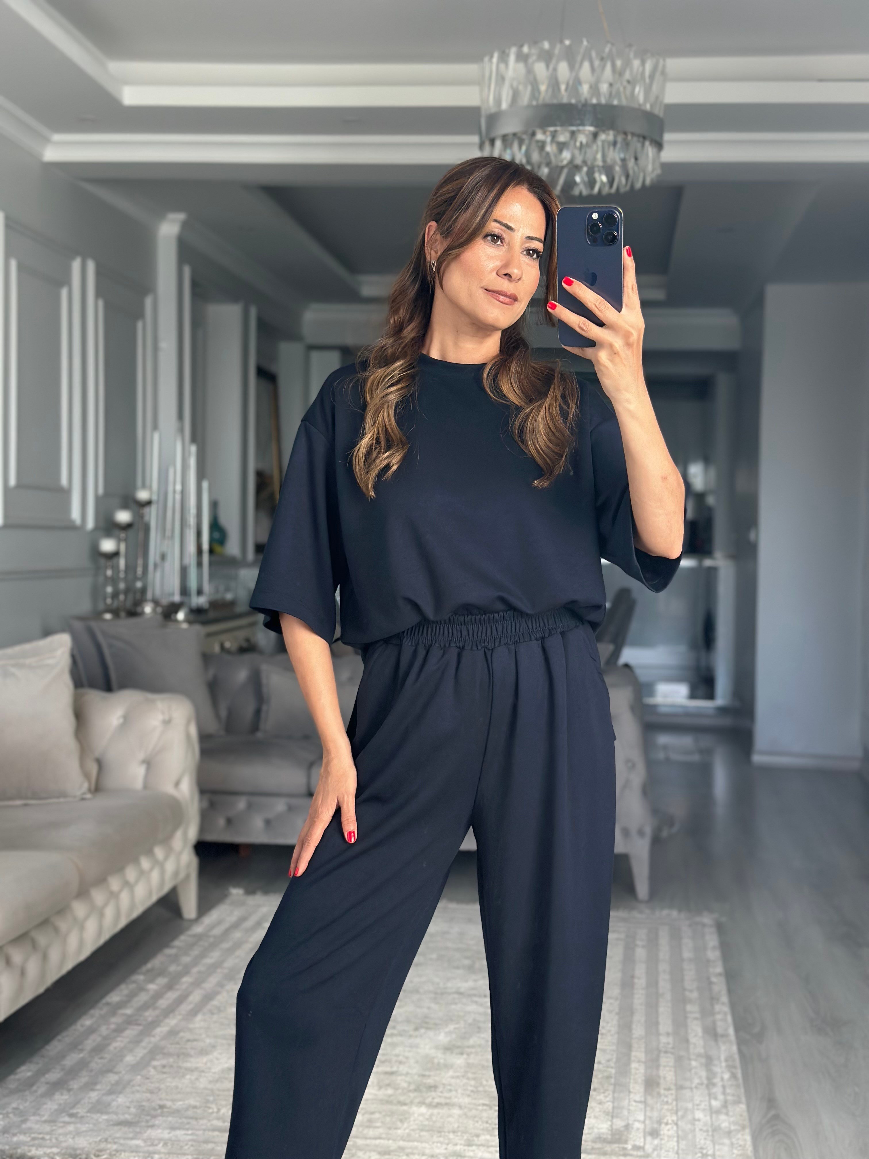 Lacivert Fakir Kol Yırtmaçlı Oversize Modal Kadın İkili Takım