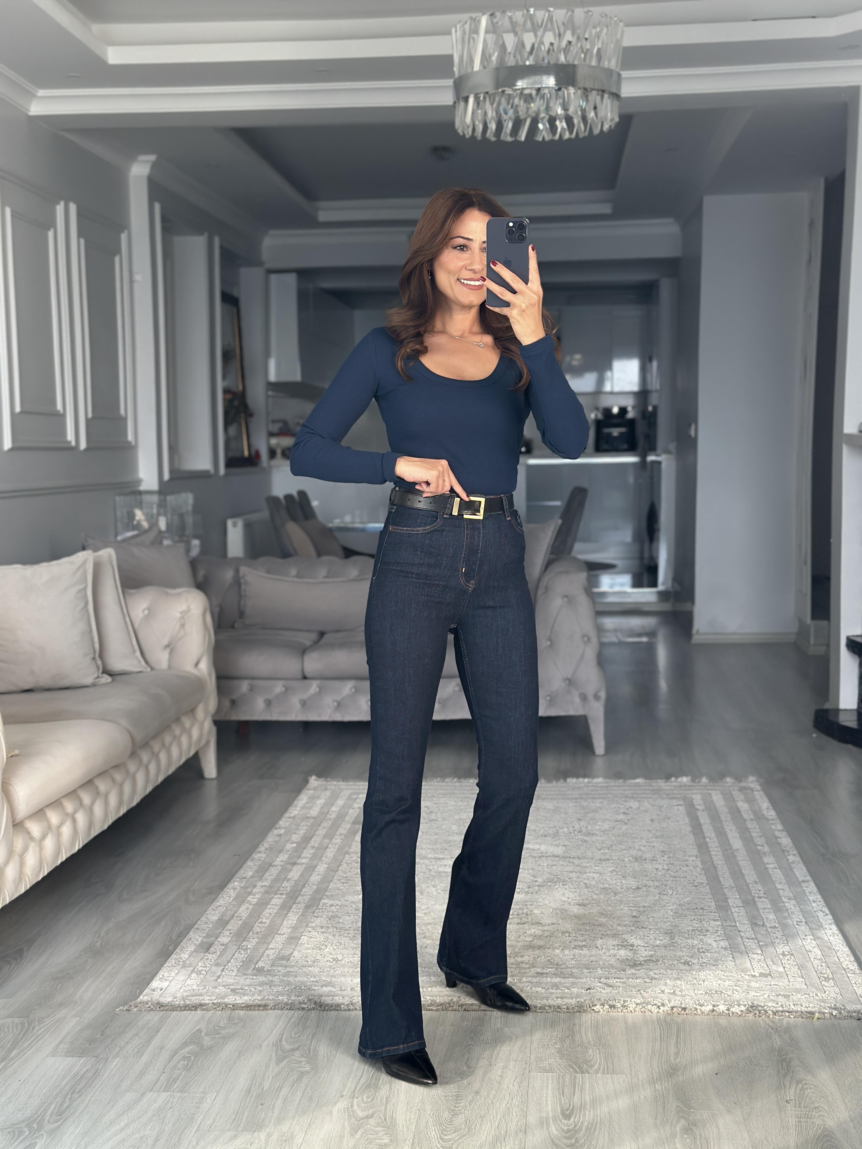 Lacivert Fitilli Kaşkorse Uzun Kol U Yaka Kadın Body