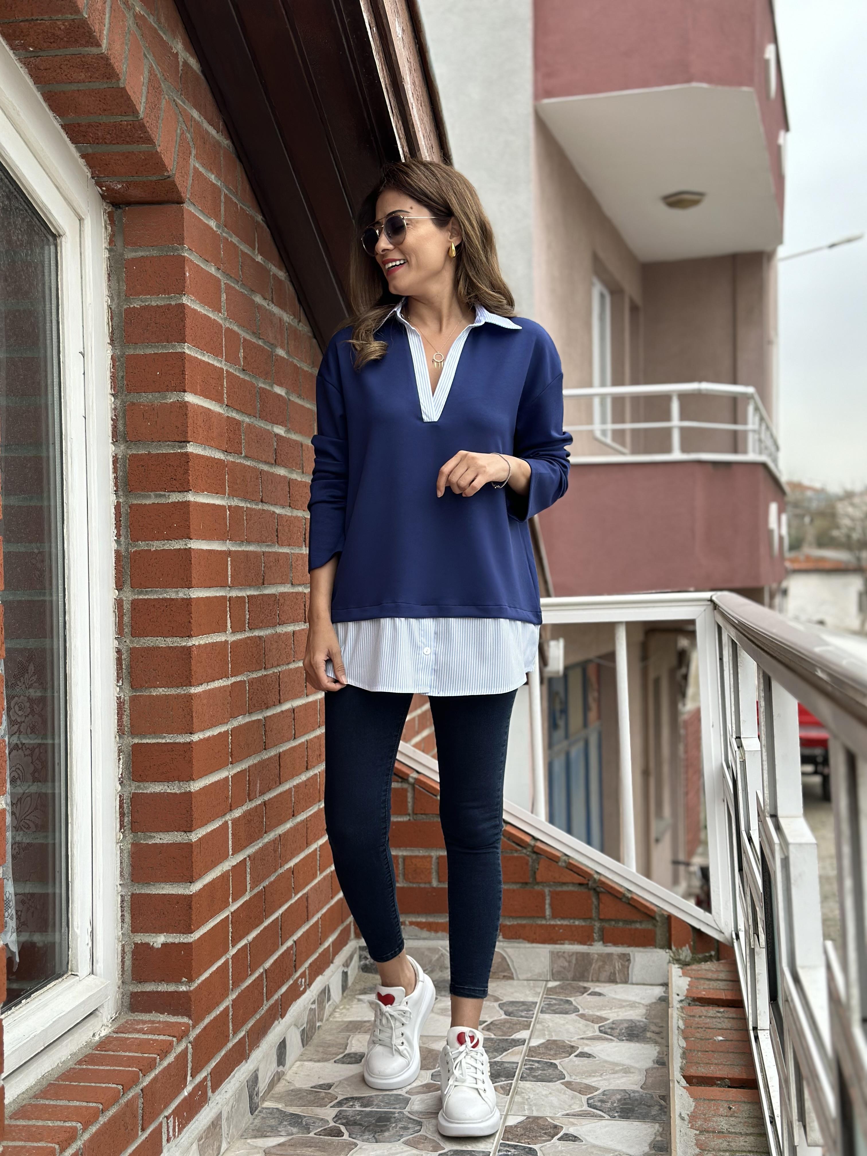 Lacivert Gömleği Çizgi Detay Modal Kadın Sweatshirt