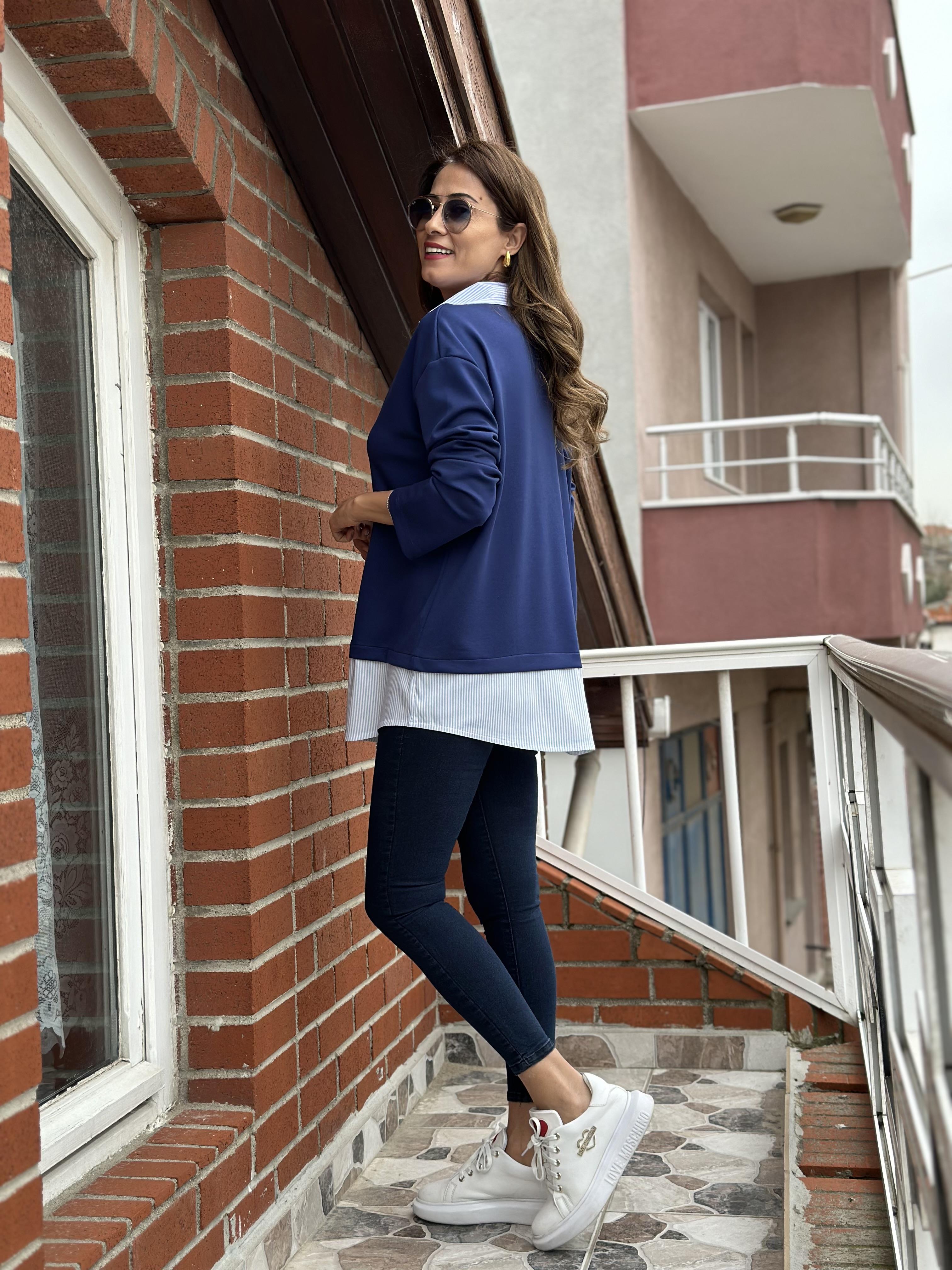 Lacivert Gömleği Çizgi Detay Modal Kadın Sweatshirt