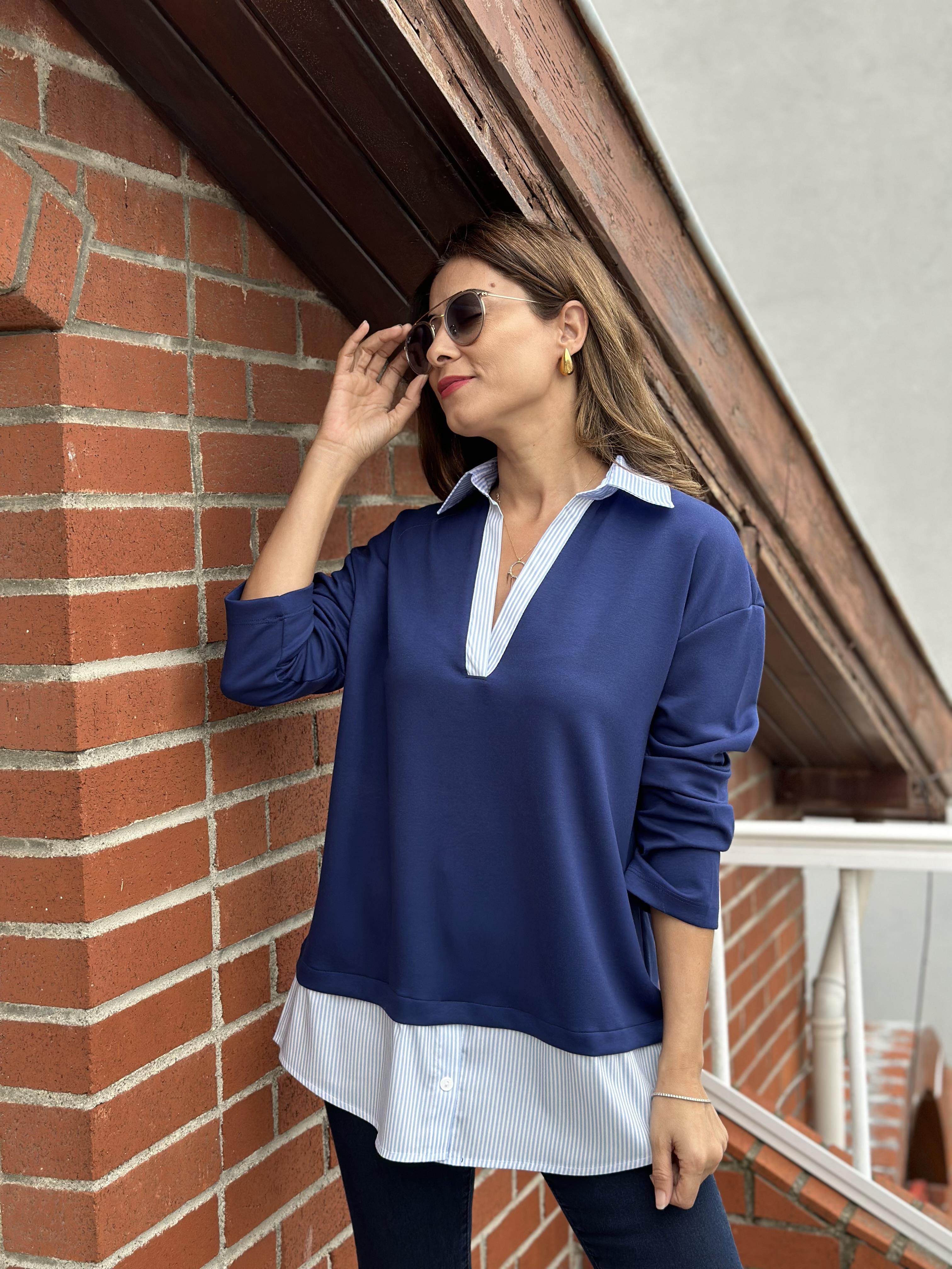 Lacivert Gömleği Çizgi Detay Modal Kadın Sweatshirt