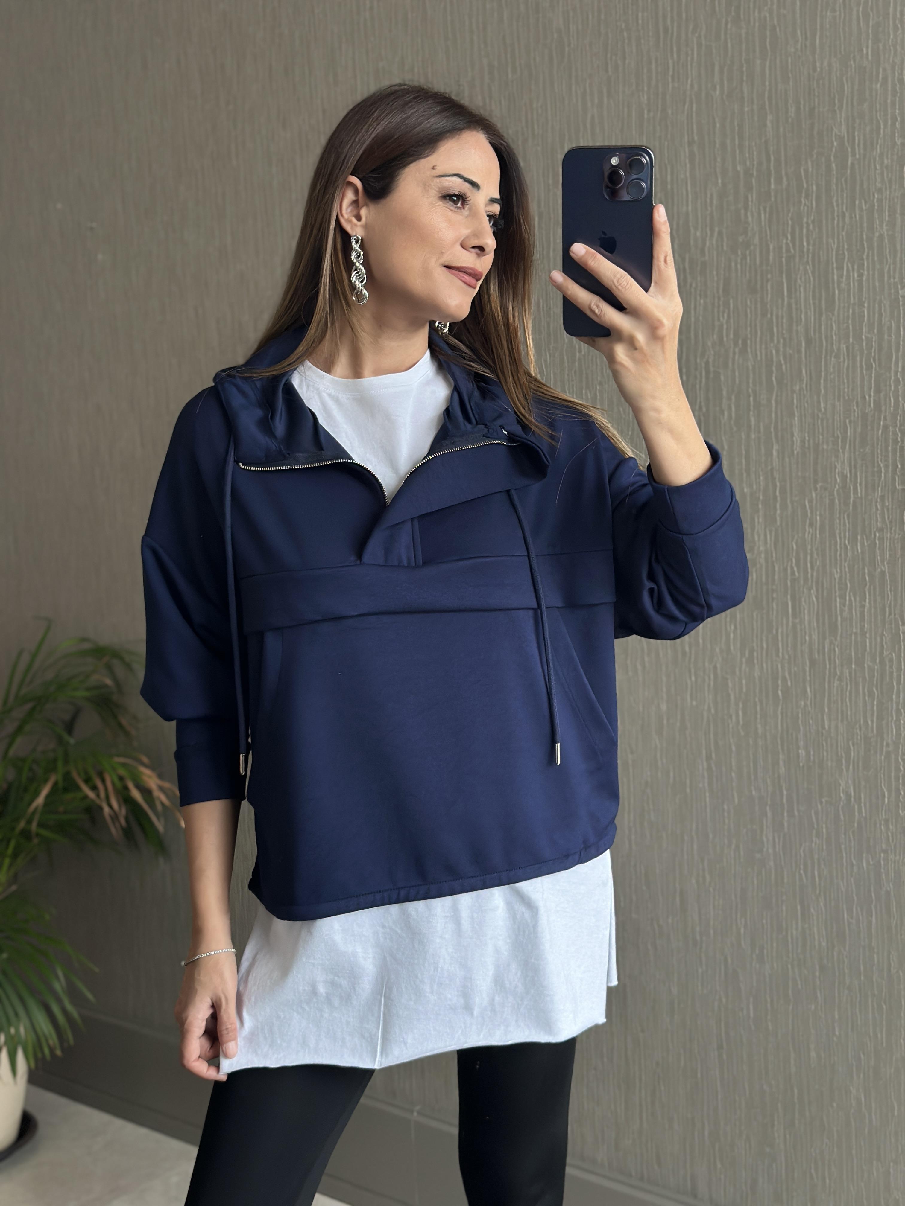 Lacivert Kapüşonlu Yarım Fermuarlı Kanguru Cep Modal Kadın Sweatshirt