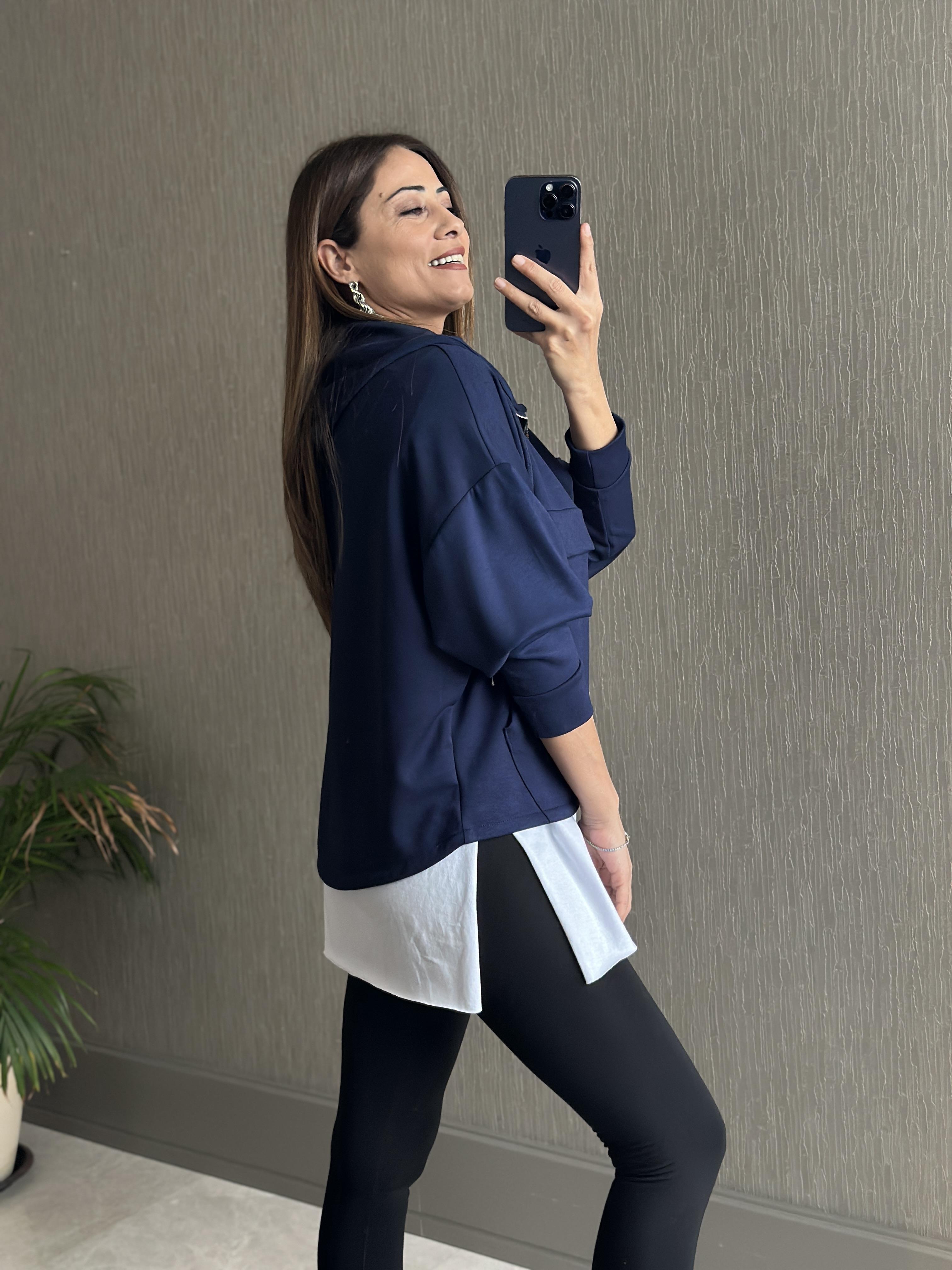 Lacivert Kapüşonlu Yarım Fermuarlı Kanguru Cep Modal Kadın Sweatshirt