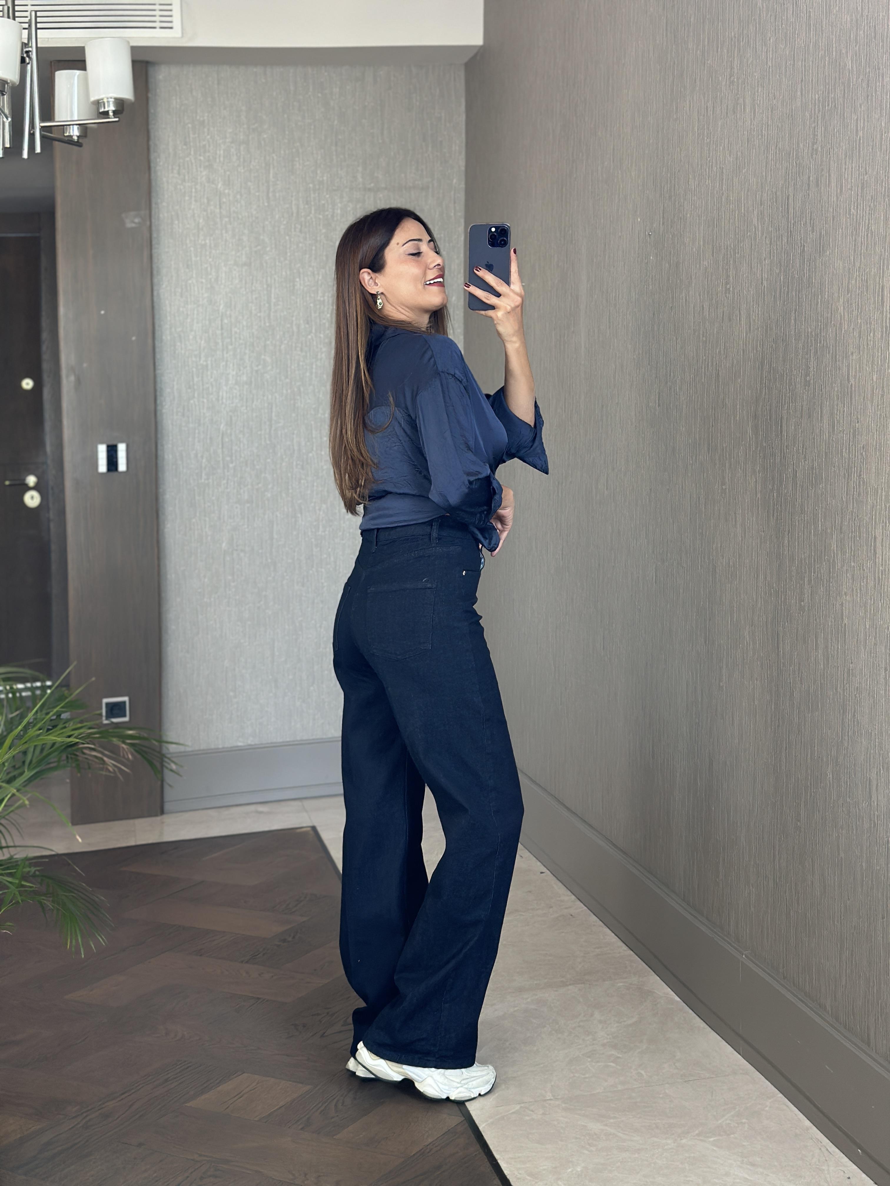 Lacivert Karol Wide Leg Kadın Jean Pantolon