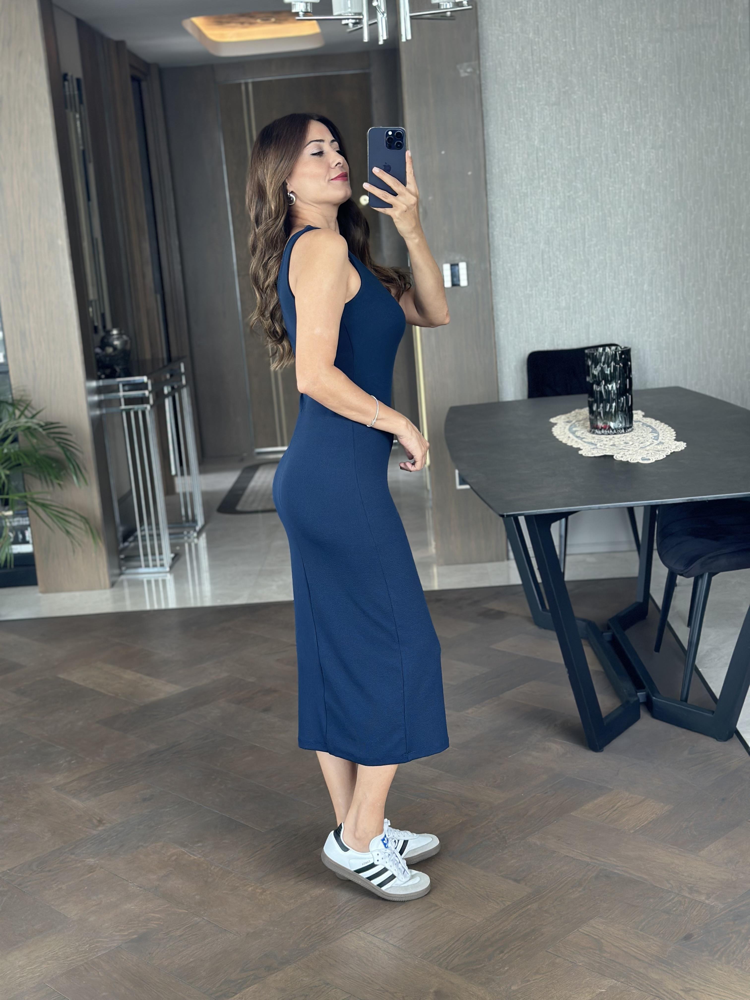 Lacivert Kaşkorse Ön  Arka  V Yaka Kadın Elbise 