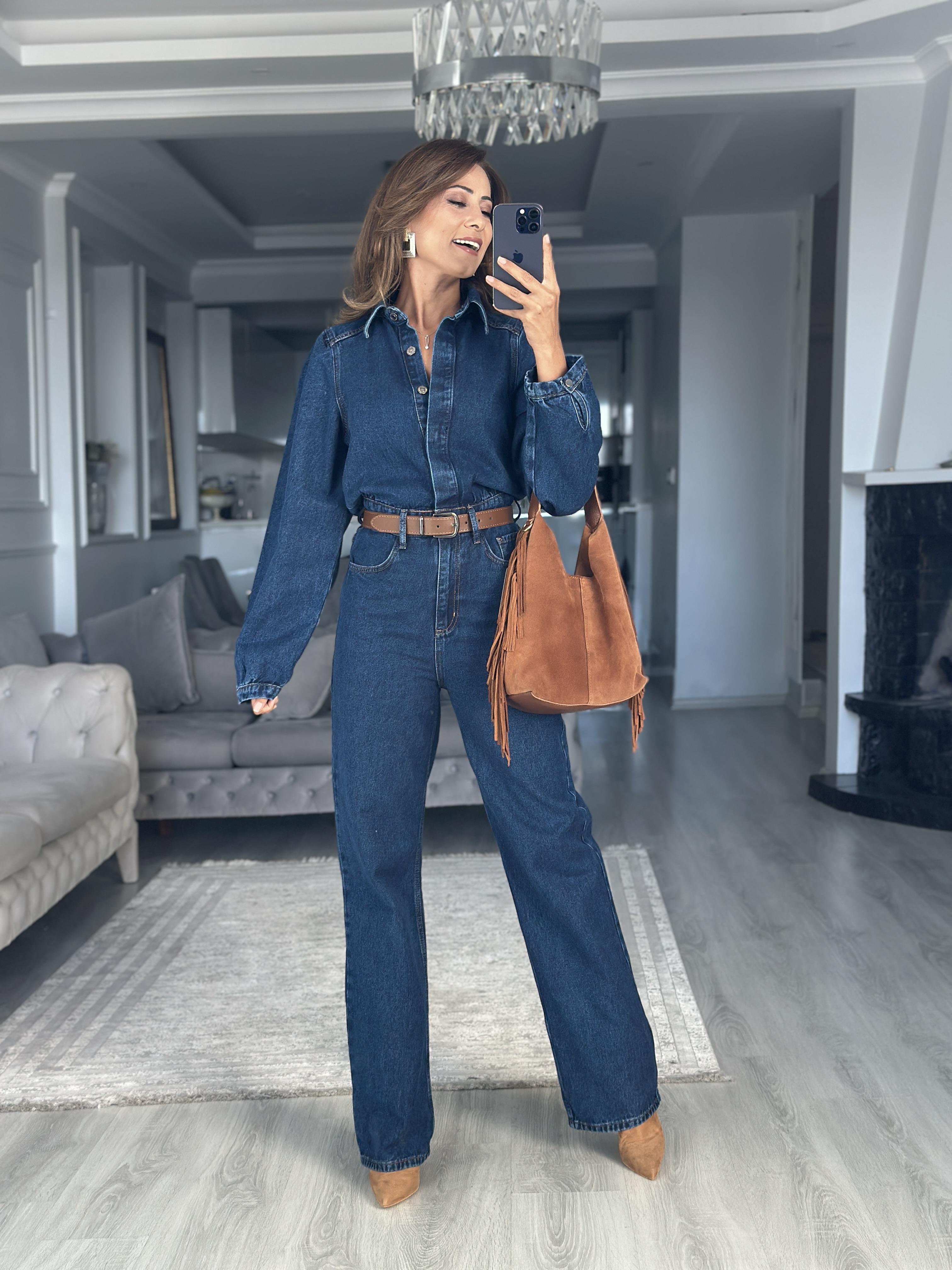 Lacivert Kemerli Premium Uzun Kol Kadın Denim Tulum