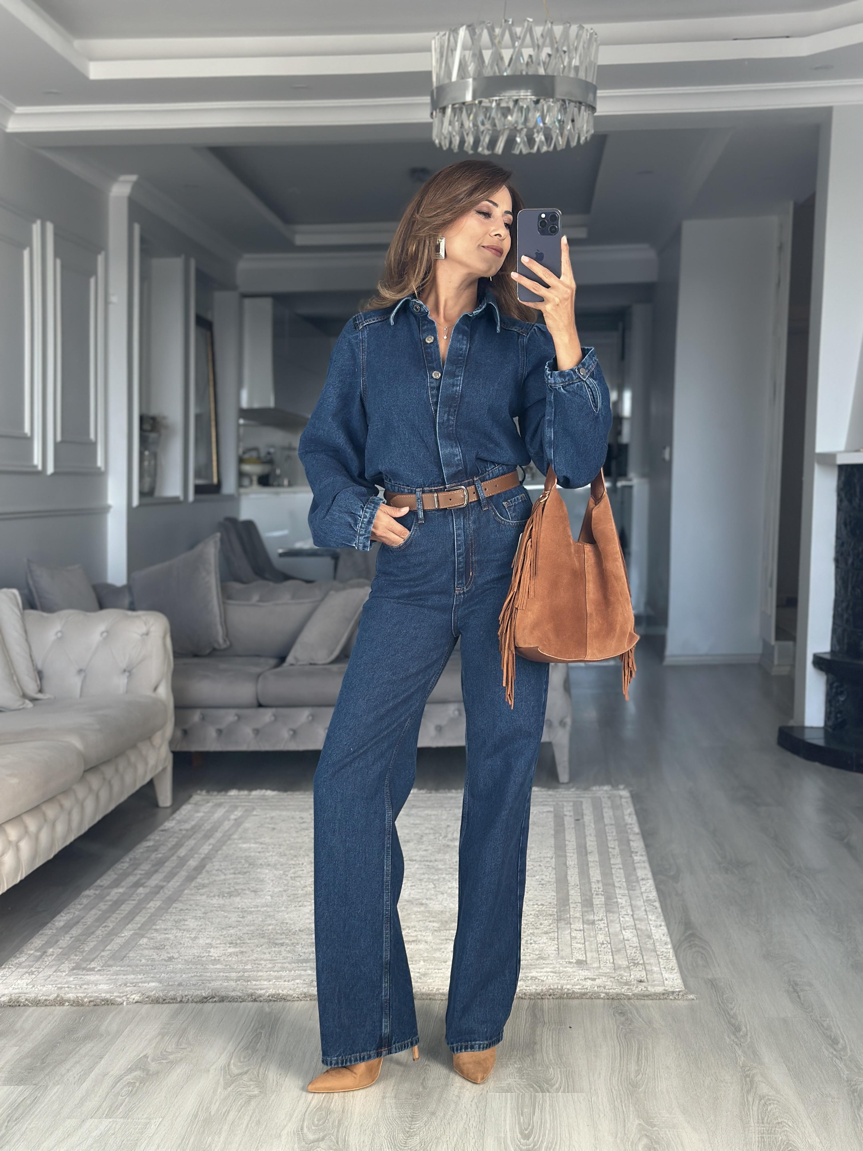 Lacivert Kemerli Premium Uzun Kol Kadın Denim Tulum