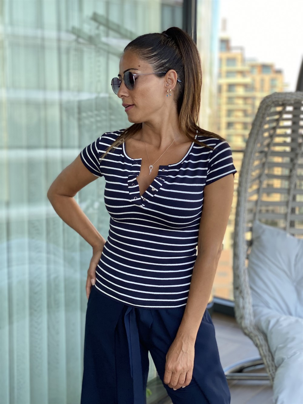 Lacivert Kısa Kol Çizgili  Kadın Body