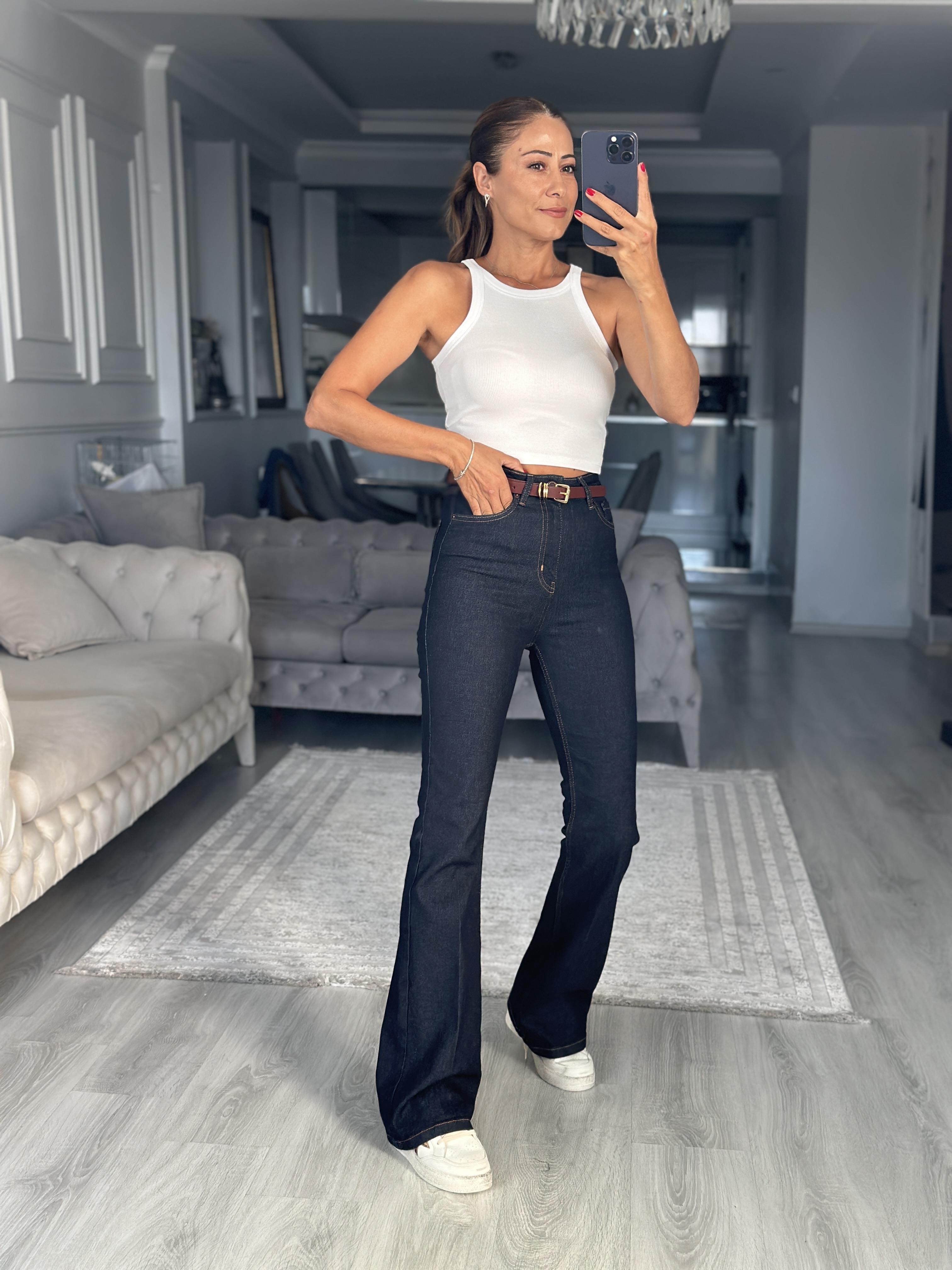 Lacivert Lacarino Likralı İspanyol Paça Kadın Jean Pantolon