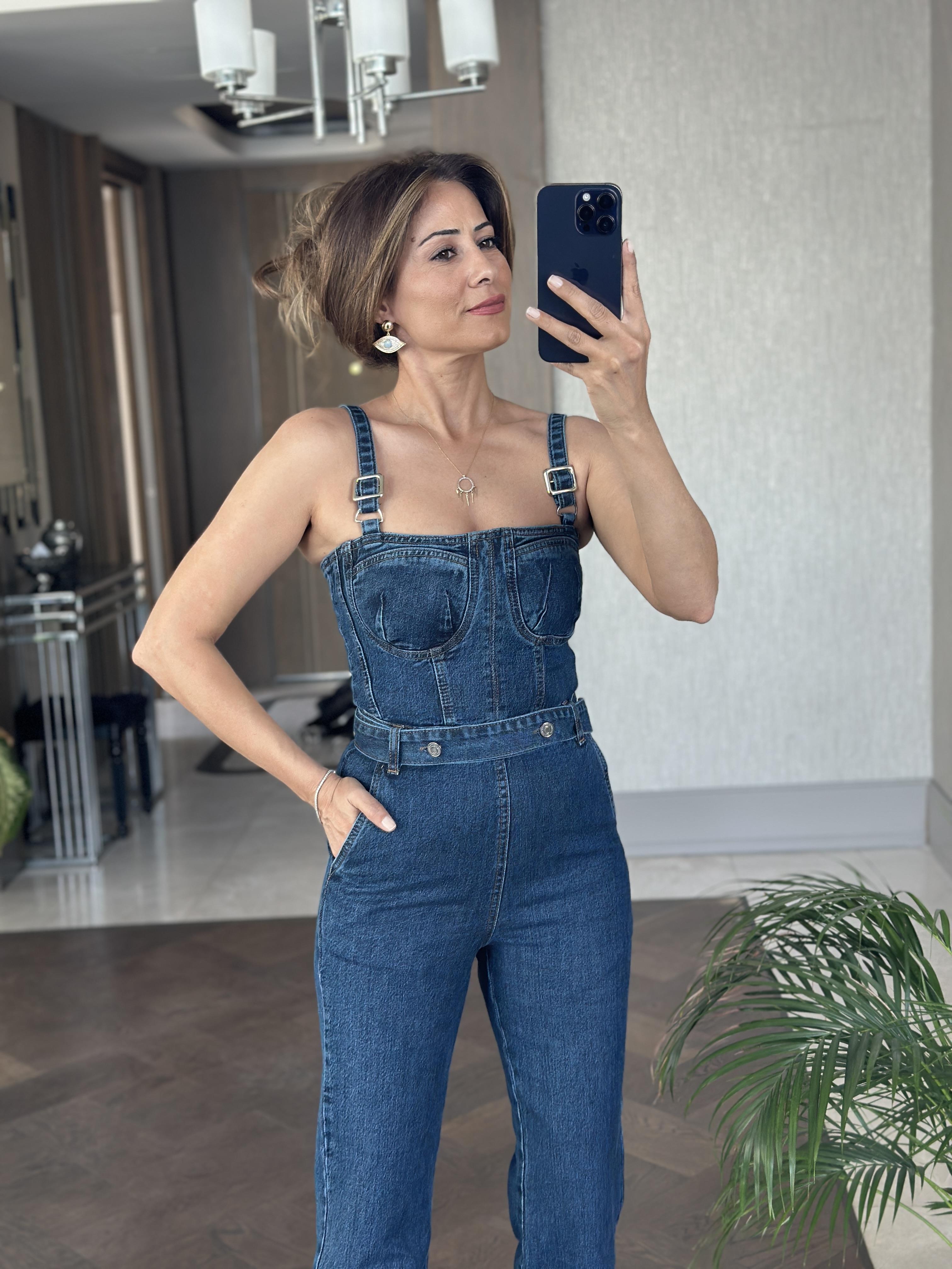 Lacivert Marka Muadili Ayarlanabilir Askılı Kemerli Kadın Tulum