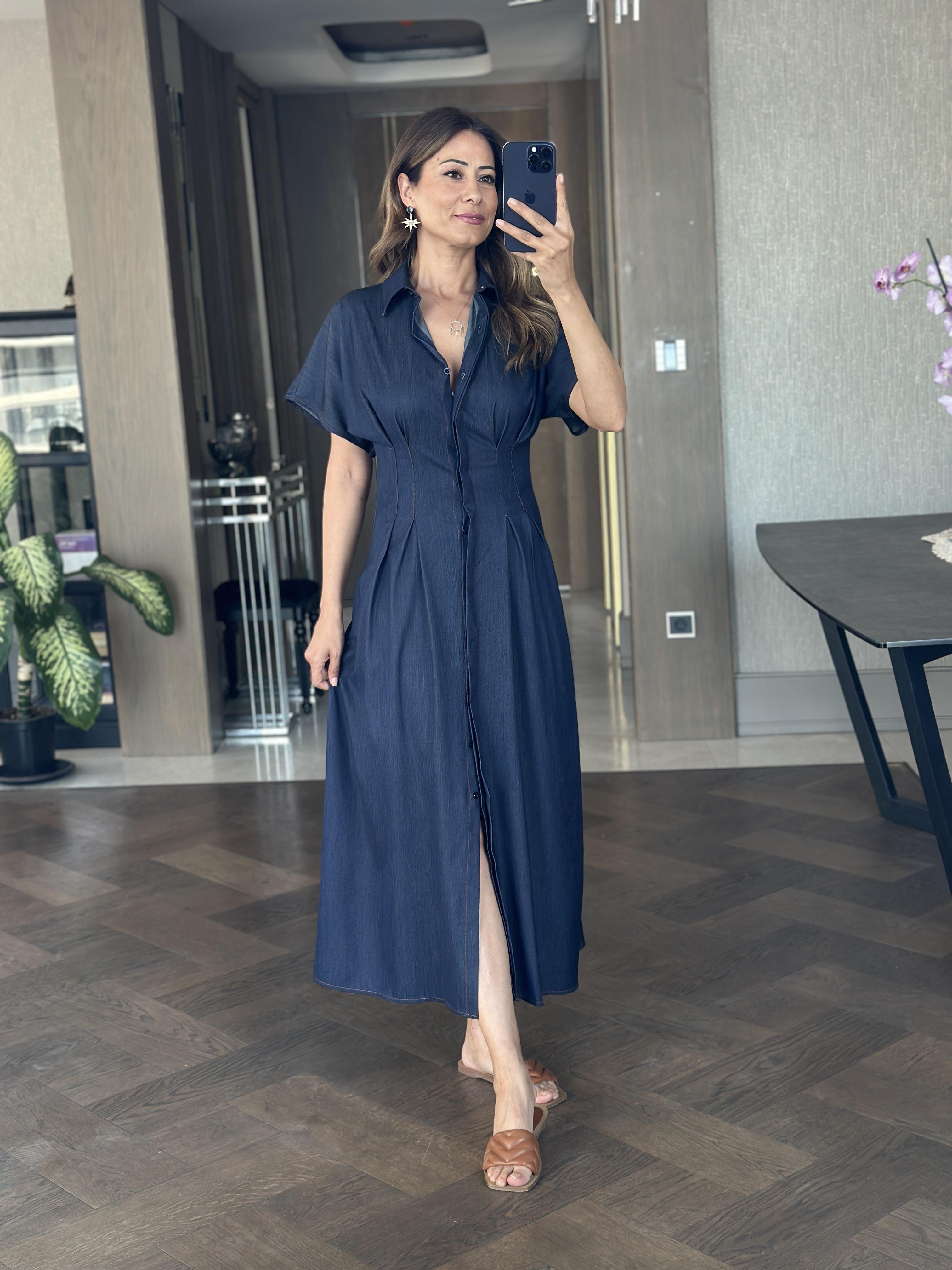 Lacivert Ön Beli Pileli Kısa Kol Tnsel Denim Midi Boy Kadın Gömlek Elbise 
