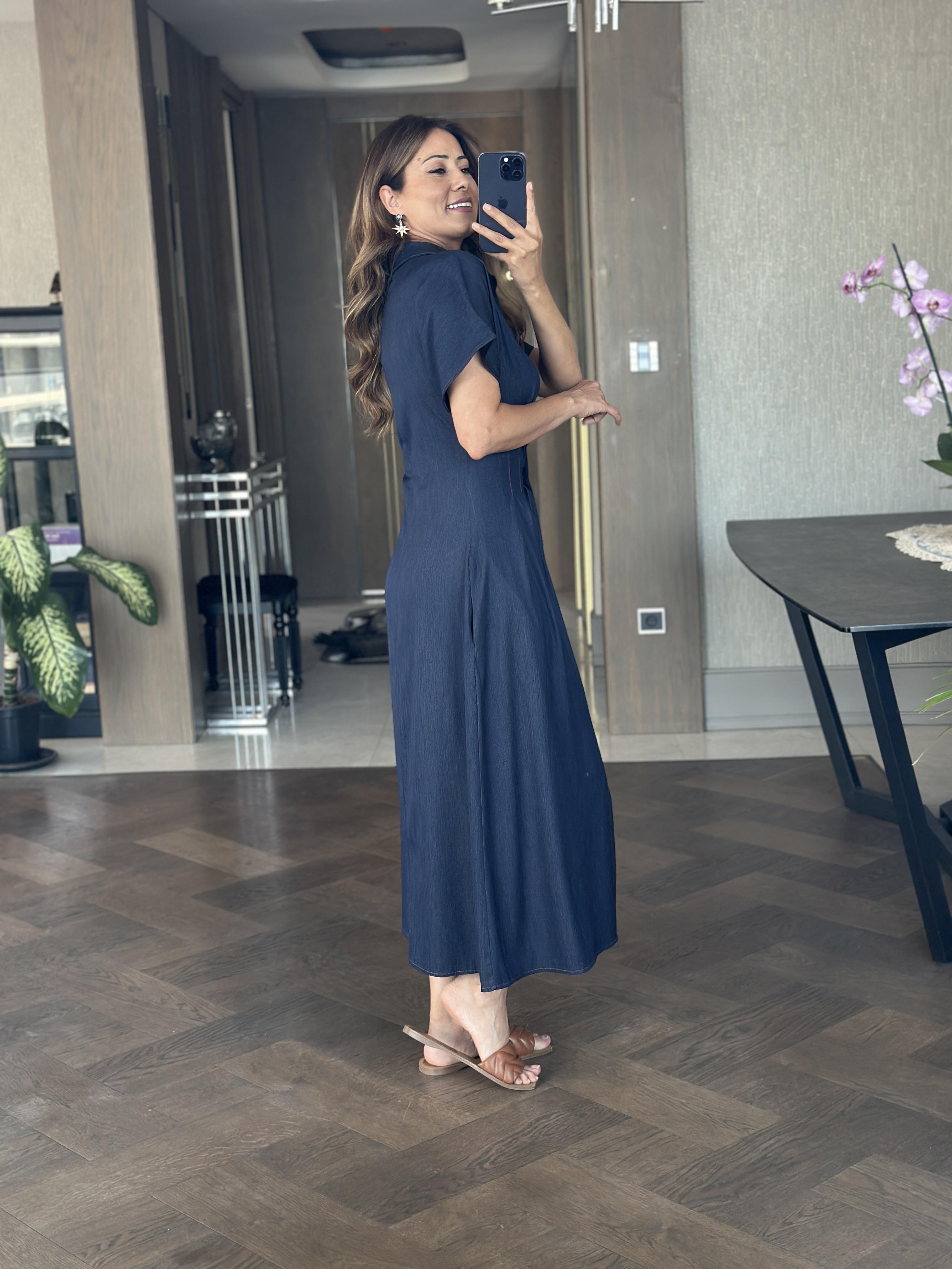 Lacivert Ön Beli Pileli Kısa Kol Tnsel Denim Midi Boy Kadın Gömlek Elbise 