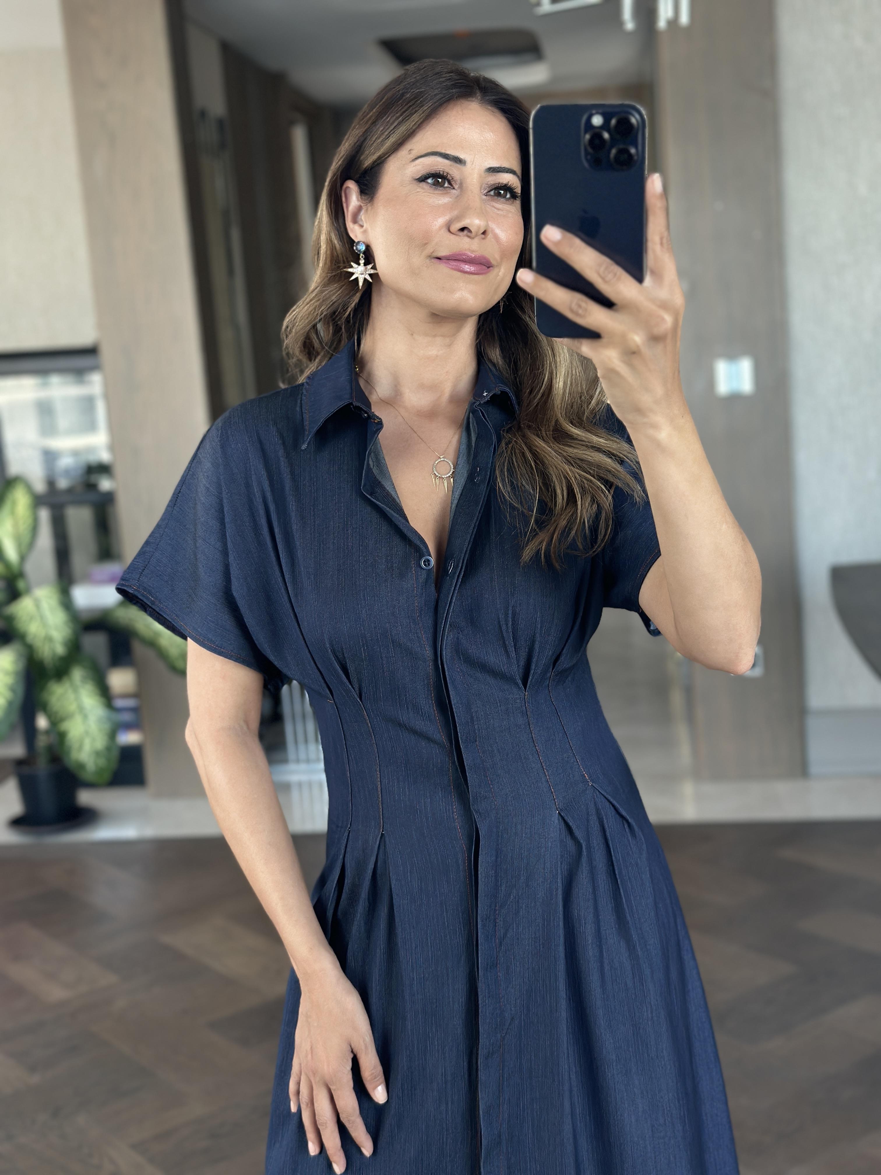 Lacivert Ön Beli Pileli Kısa Kol Tnsel Denim Midi Boy Kadın Gömlek Elbise 