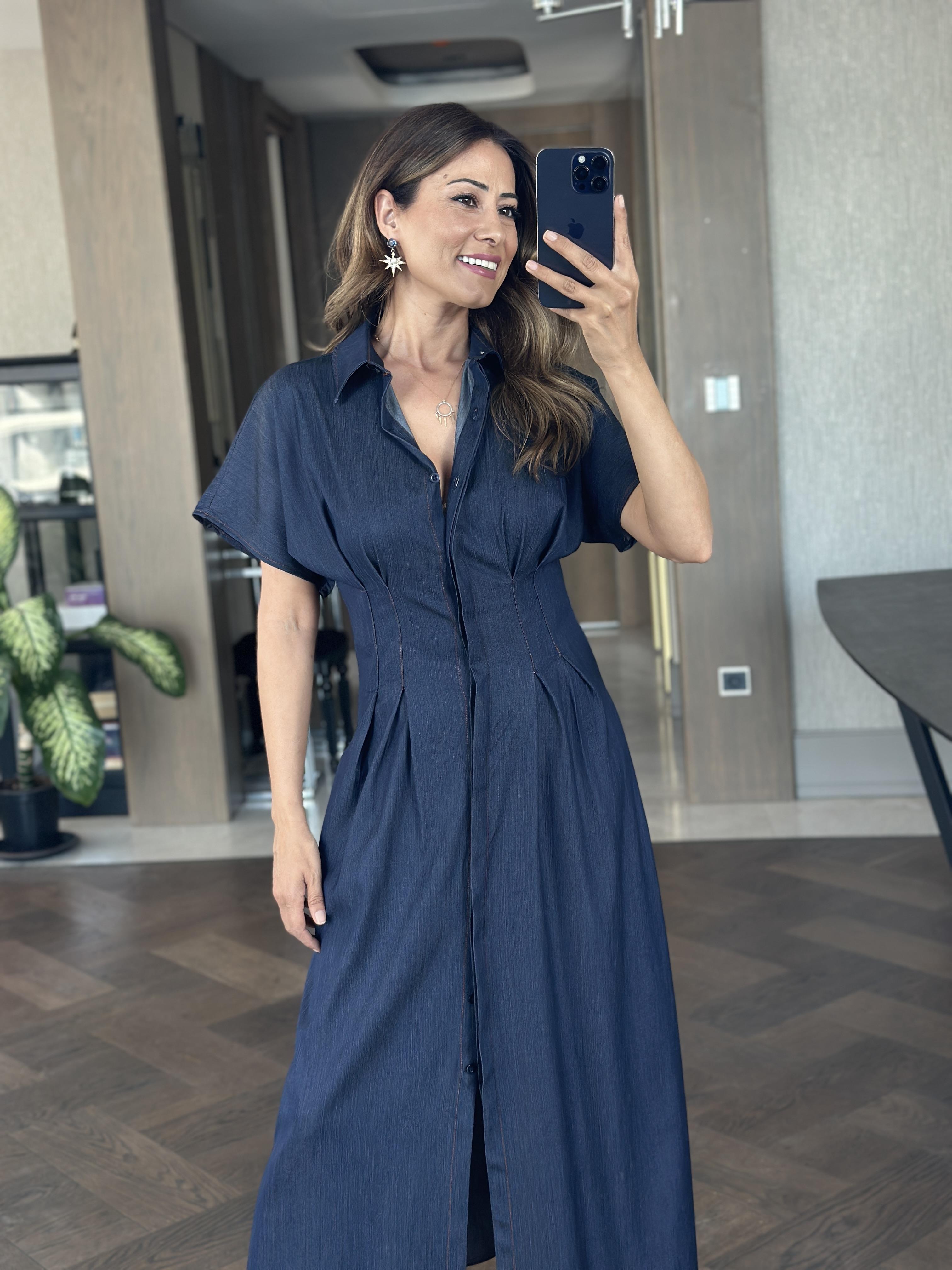 Lacivert Ön Beli Pileli Kısa Kol Tnsel Denim Midi Boy Kadın Gömlek Elbise 