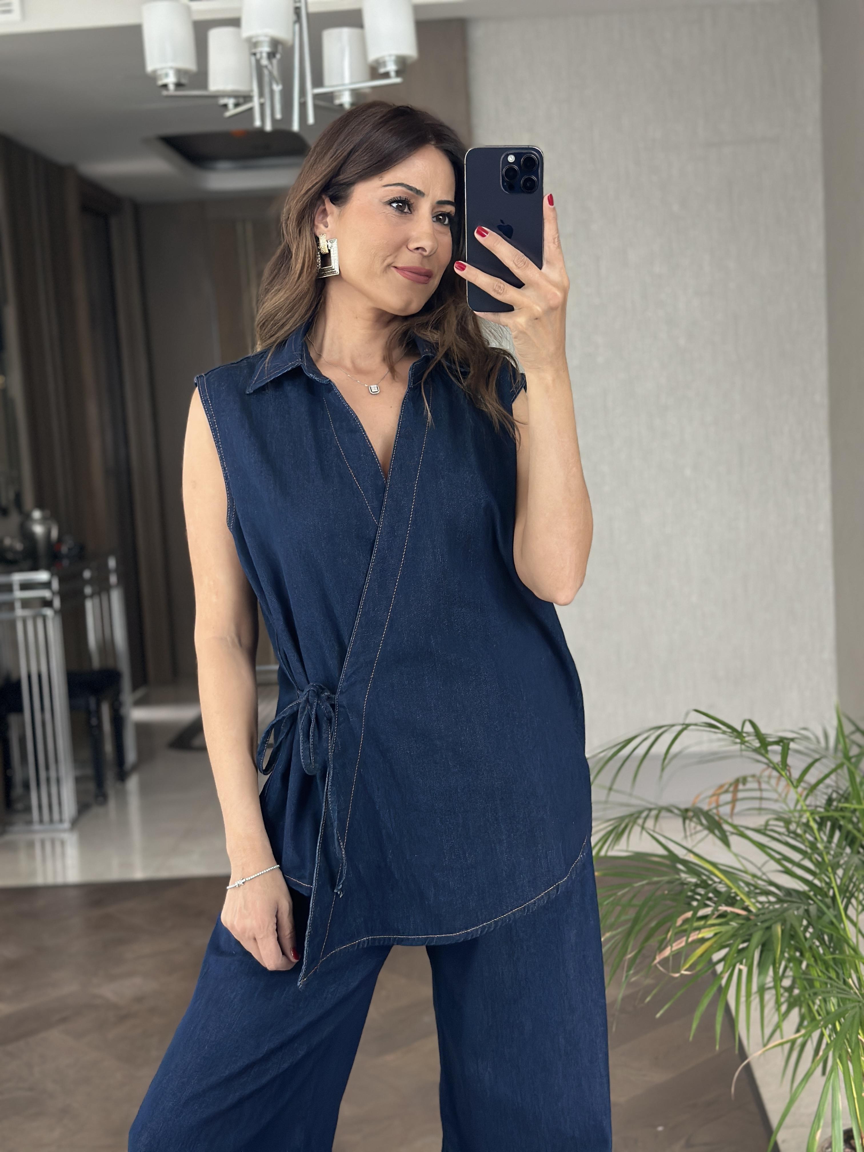 Lacivert Önü Bağlamalı Kruvaze Kadın Jean Bluz