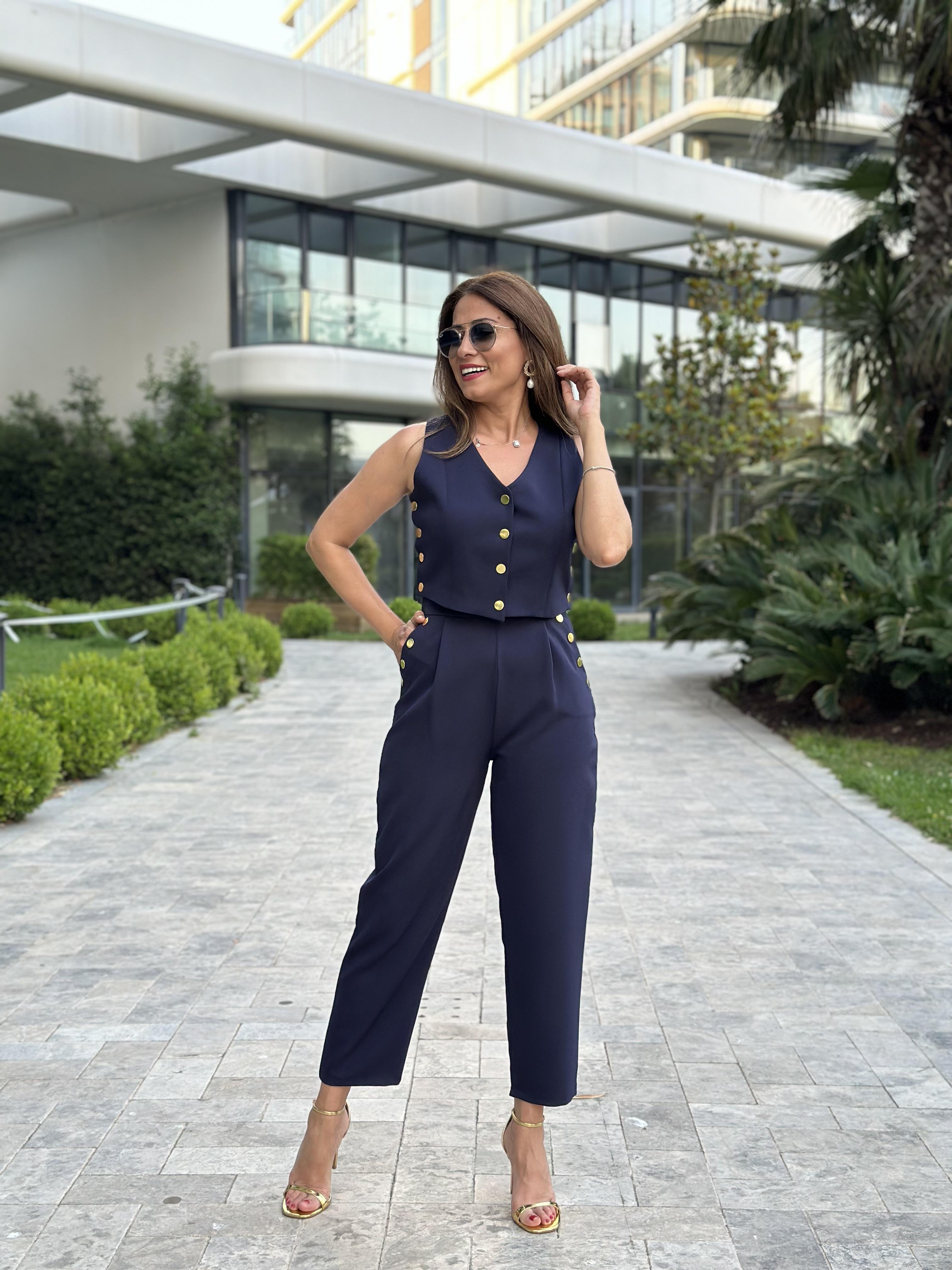 Lacivert Marka Model Gold Çıtçıtlı Yelek Pantolon Kadın Alt Üst Takım