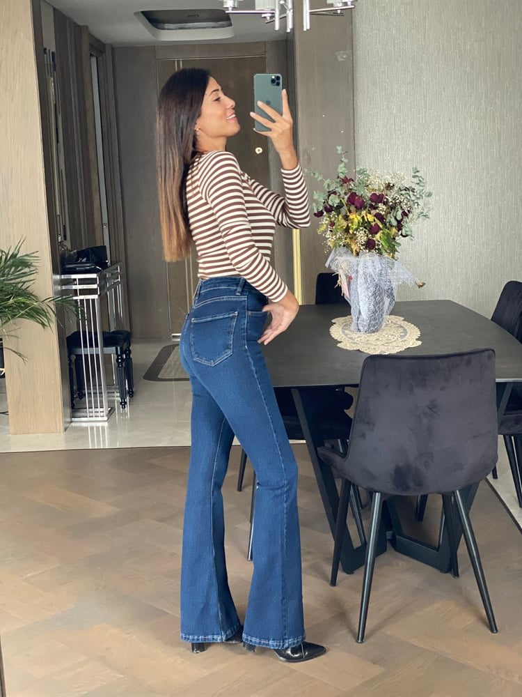 Lacivert Poema İspanyol Paça Kadın Jean Pantolon 