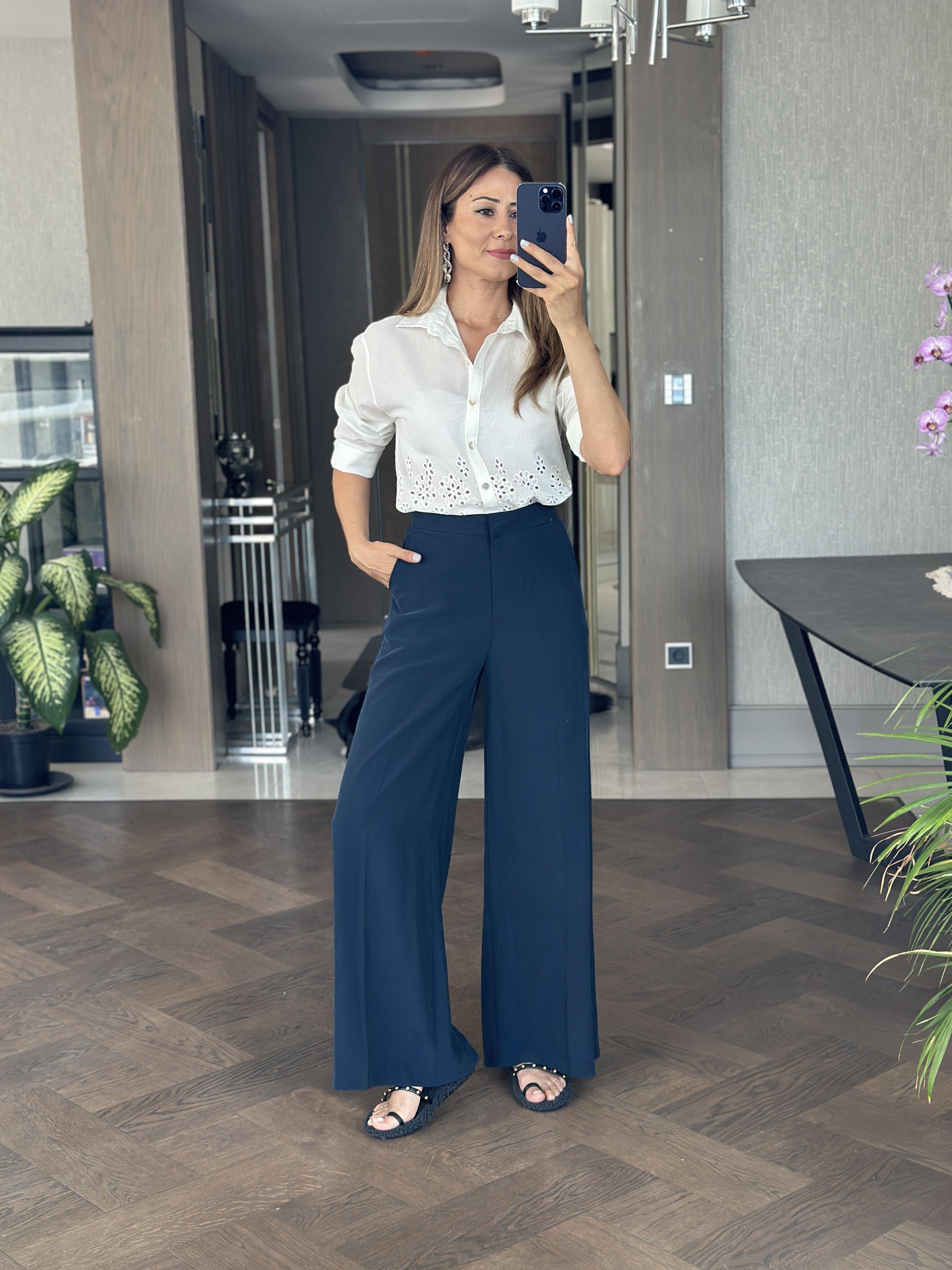 Lacivert Premium Çift Kancalı Kadın Palazzo Pantolon