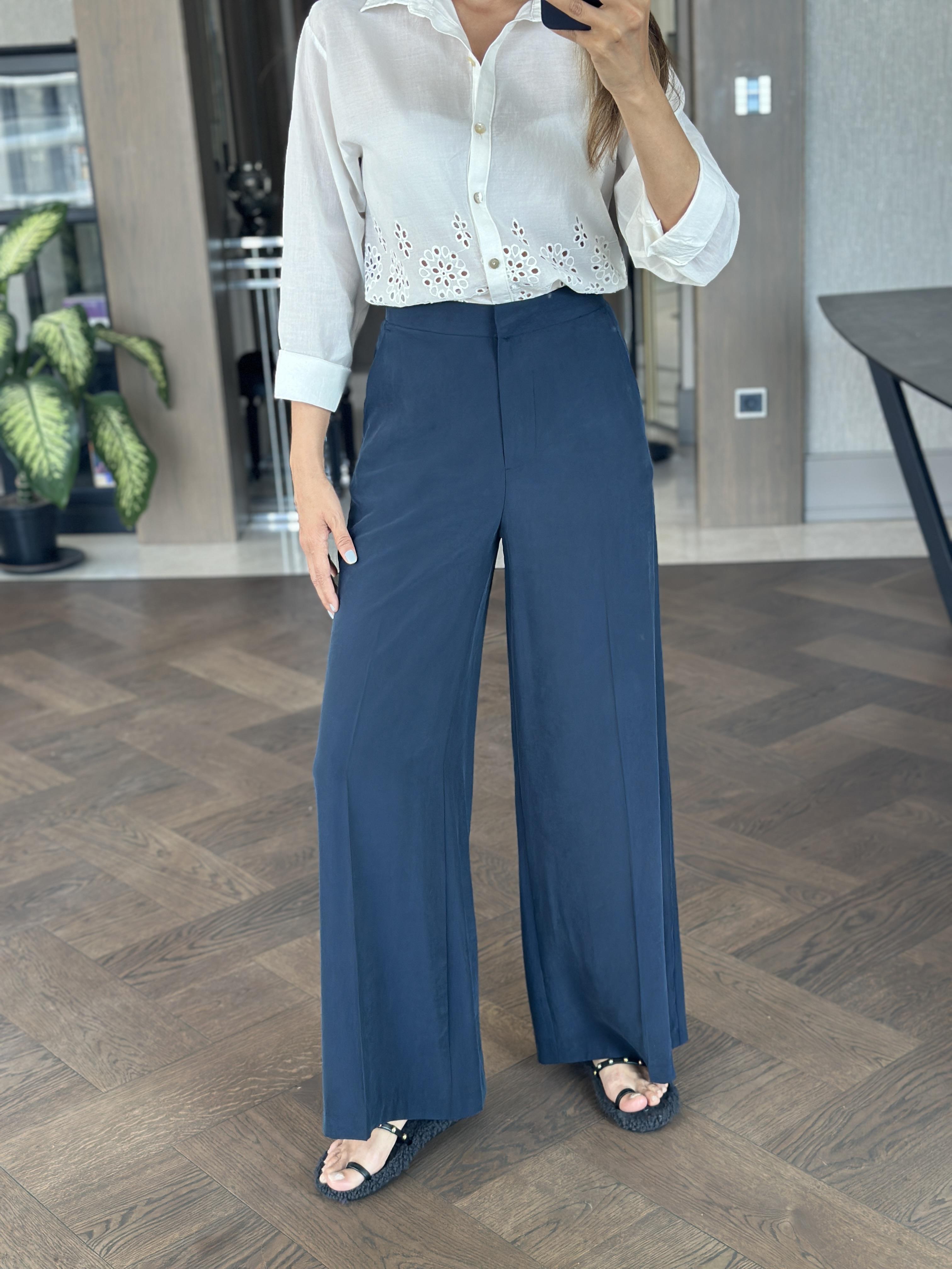 Lacivert Premium Çift Kancalı Kadın Palazzo Pantolon