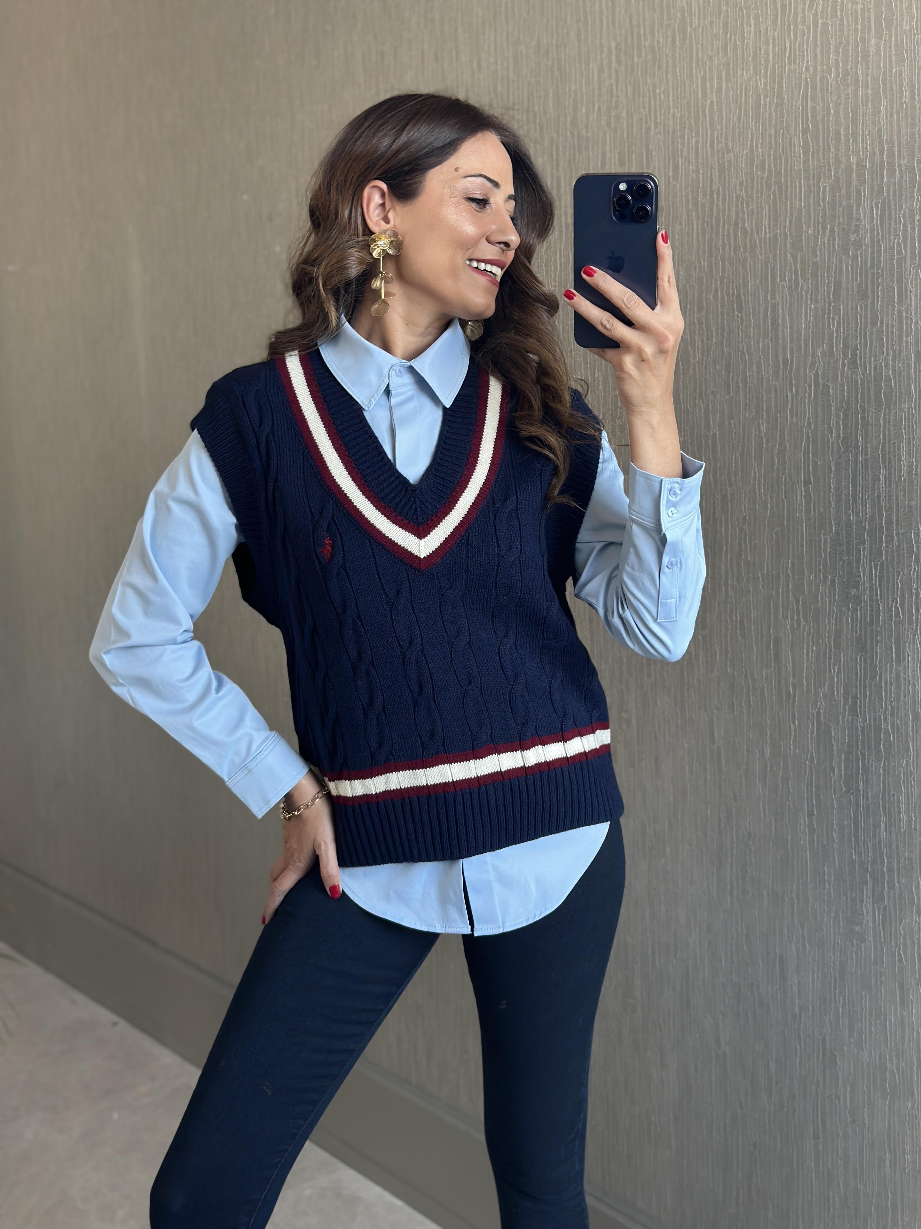 Lacivert Şerit Detay Saç Örgü Kadın Triko Süveter