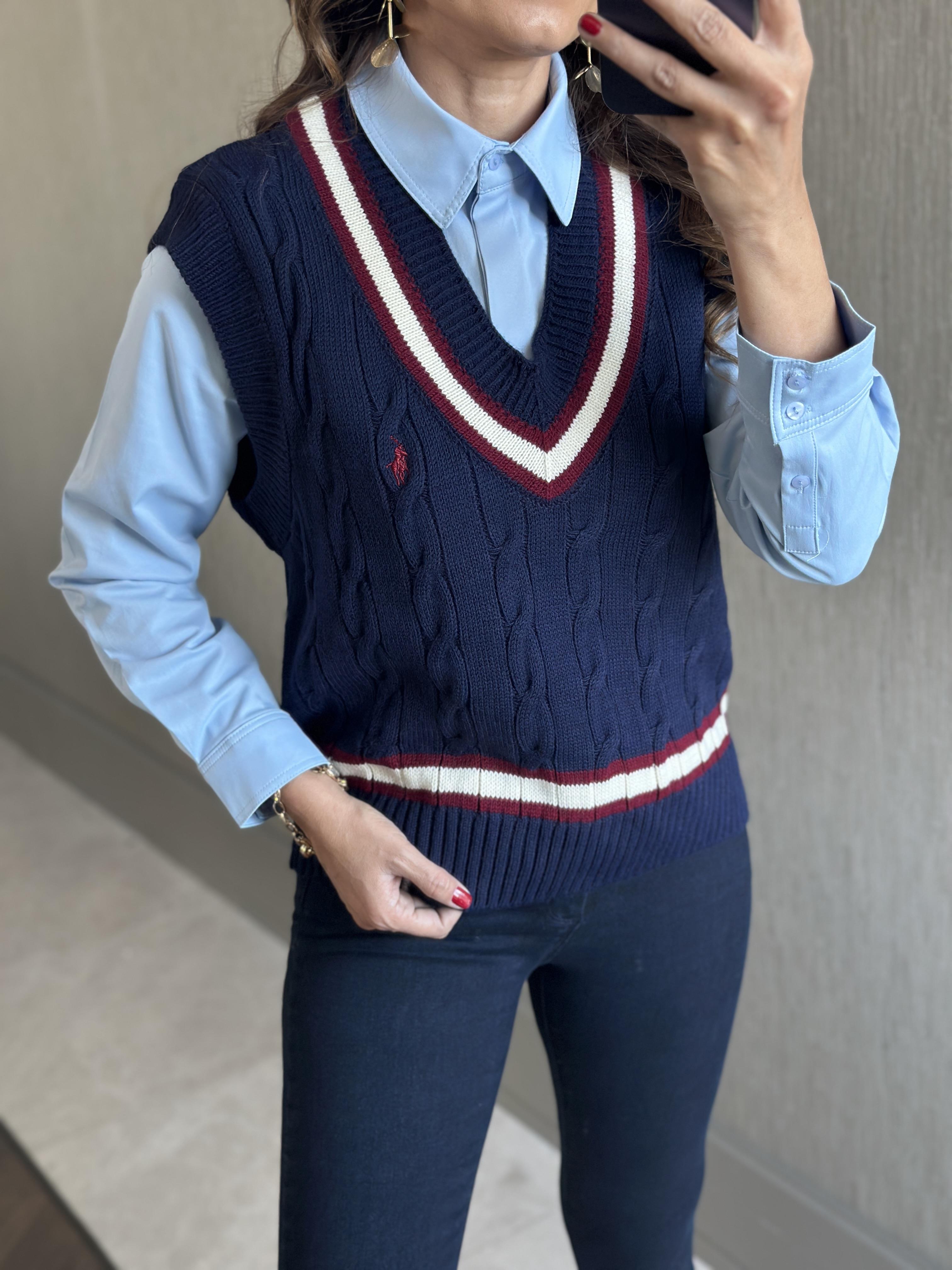 Lacivert Şerit Detay Saç Örgü Kadın Triko Süveter