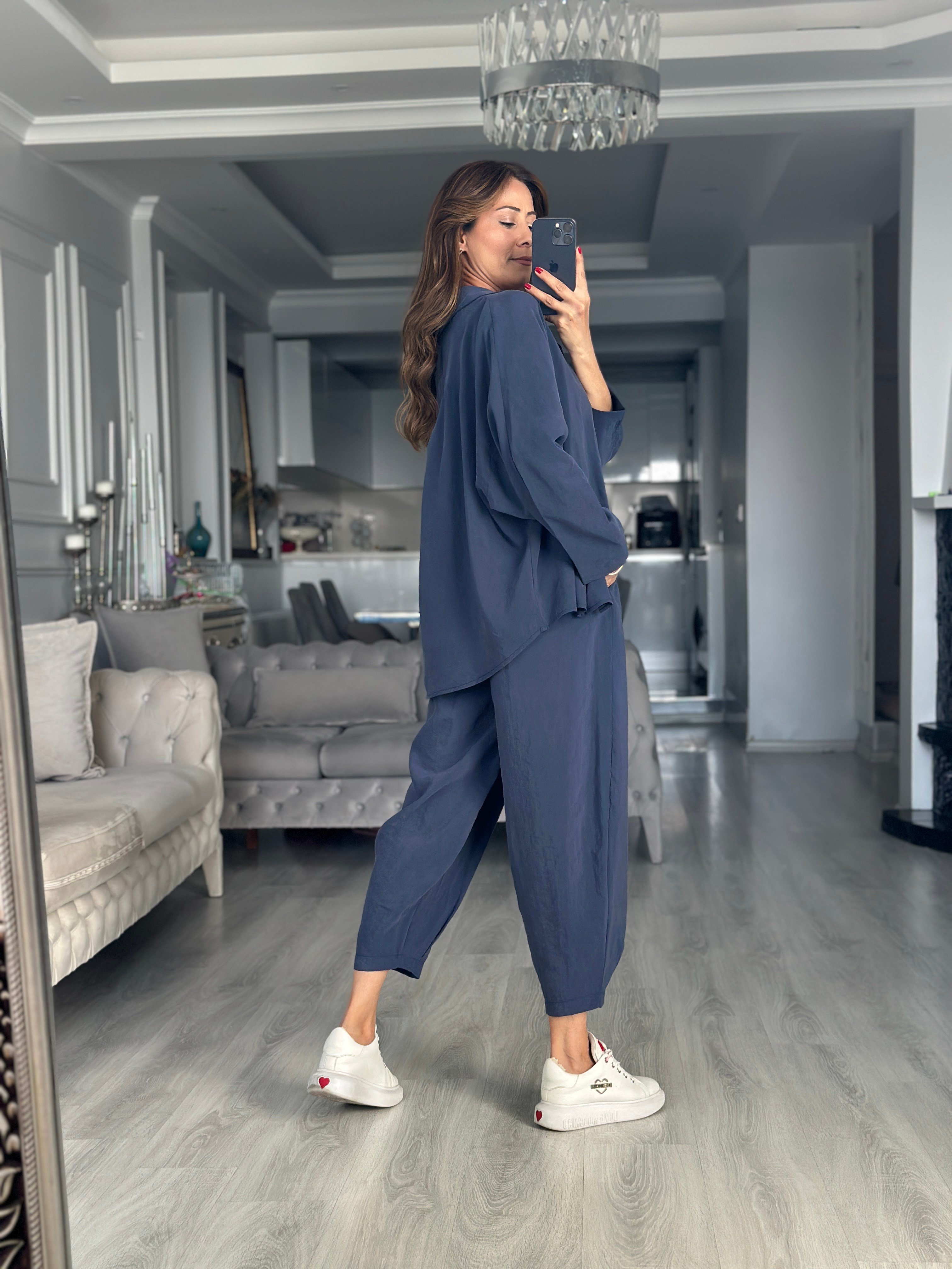 Lacivert Truvakar Kol Gömlek Balon Pantolon Kadın İkili Takım