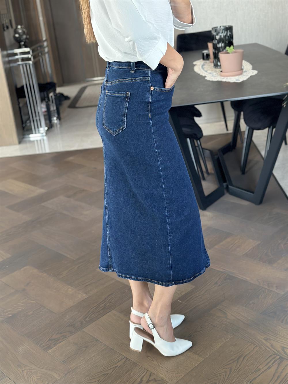 Lacivert Yırtmaçlı Orjinal Marka Kadın Jean Etek