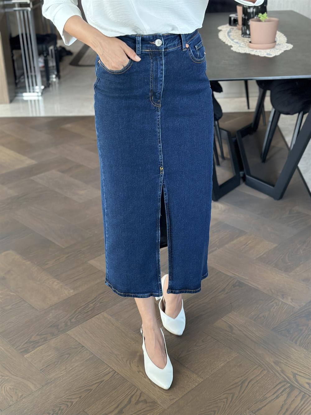 Lacivert Yırtmaçlı Orjinal Marka Kadın Jean Etek