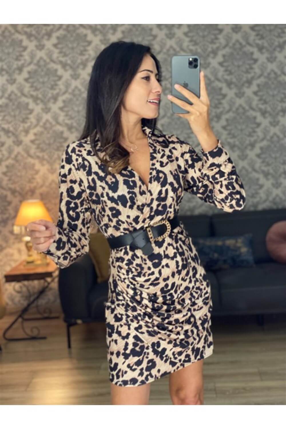Leopar Yandan Büzgülü Elbise