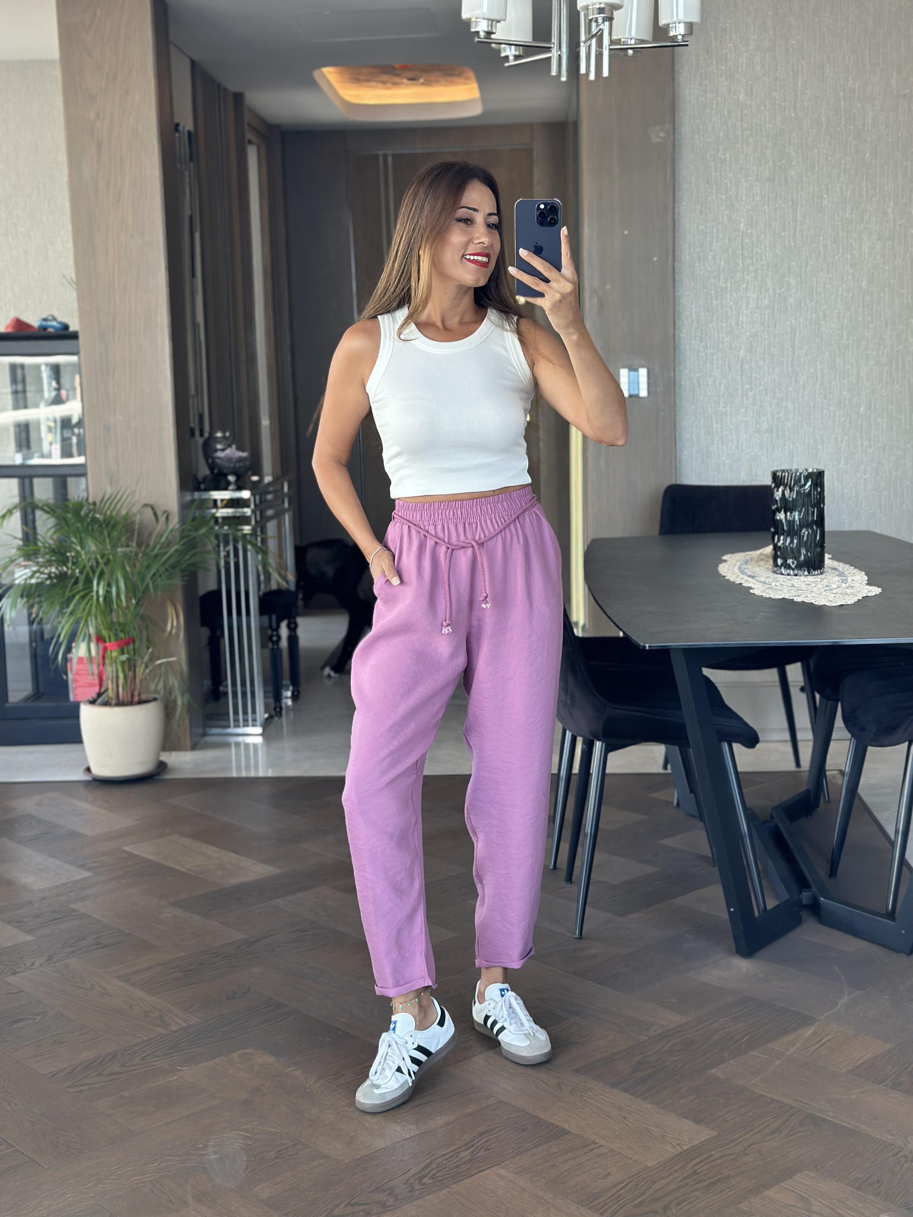 Leylak Duble Paça Örgü Kemerli Tnsel Kadın Pantolon