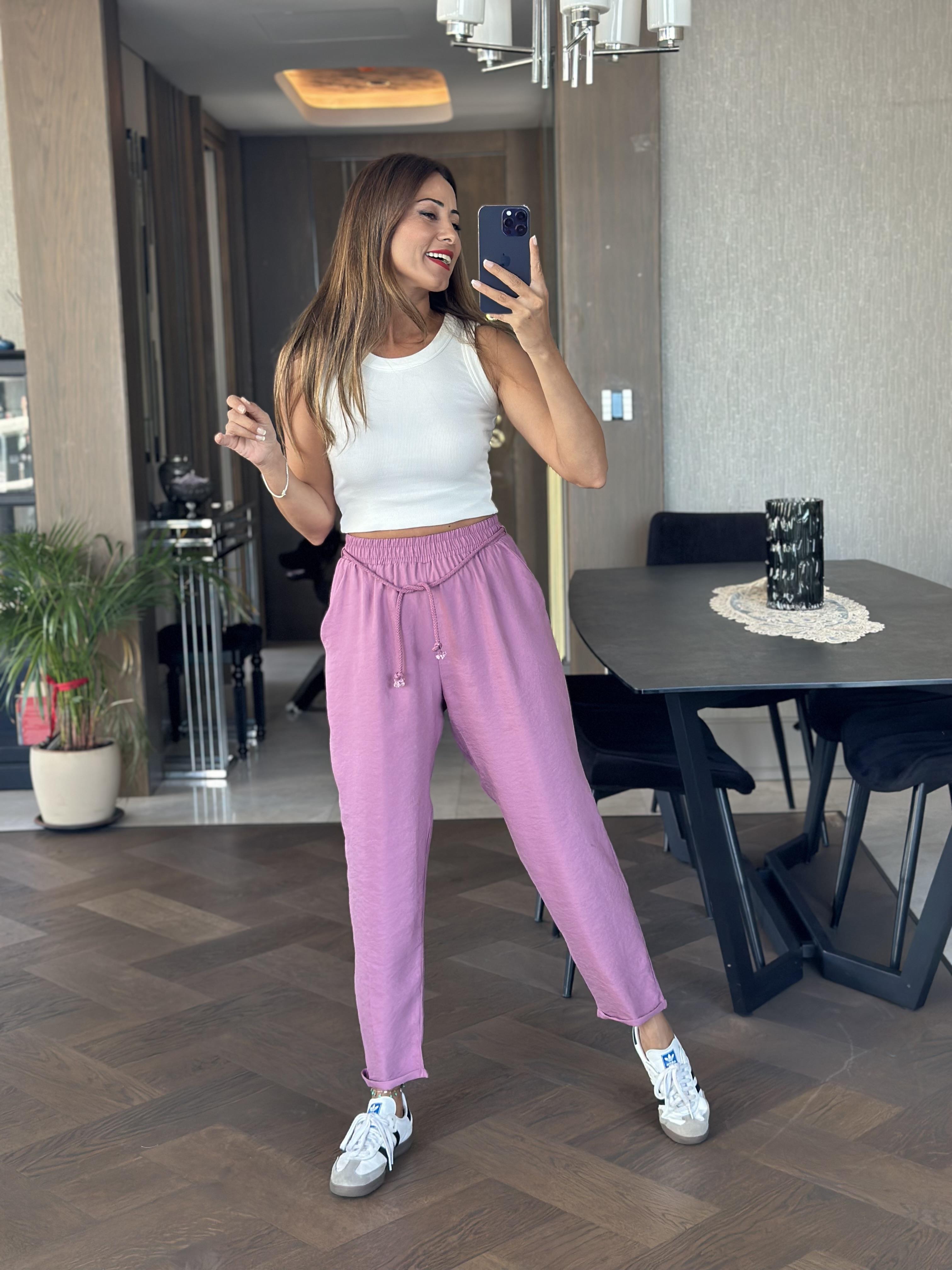 Leylak Duble Paça Örgü Kemerli Tnsel Kadın Pantolon