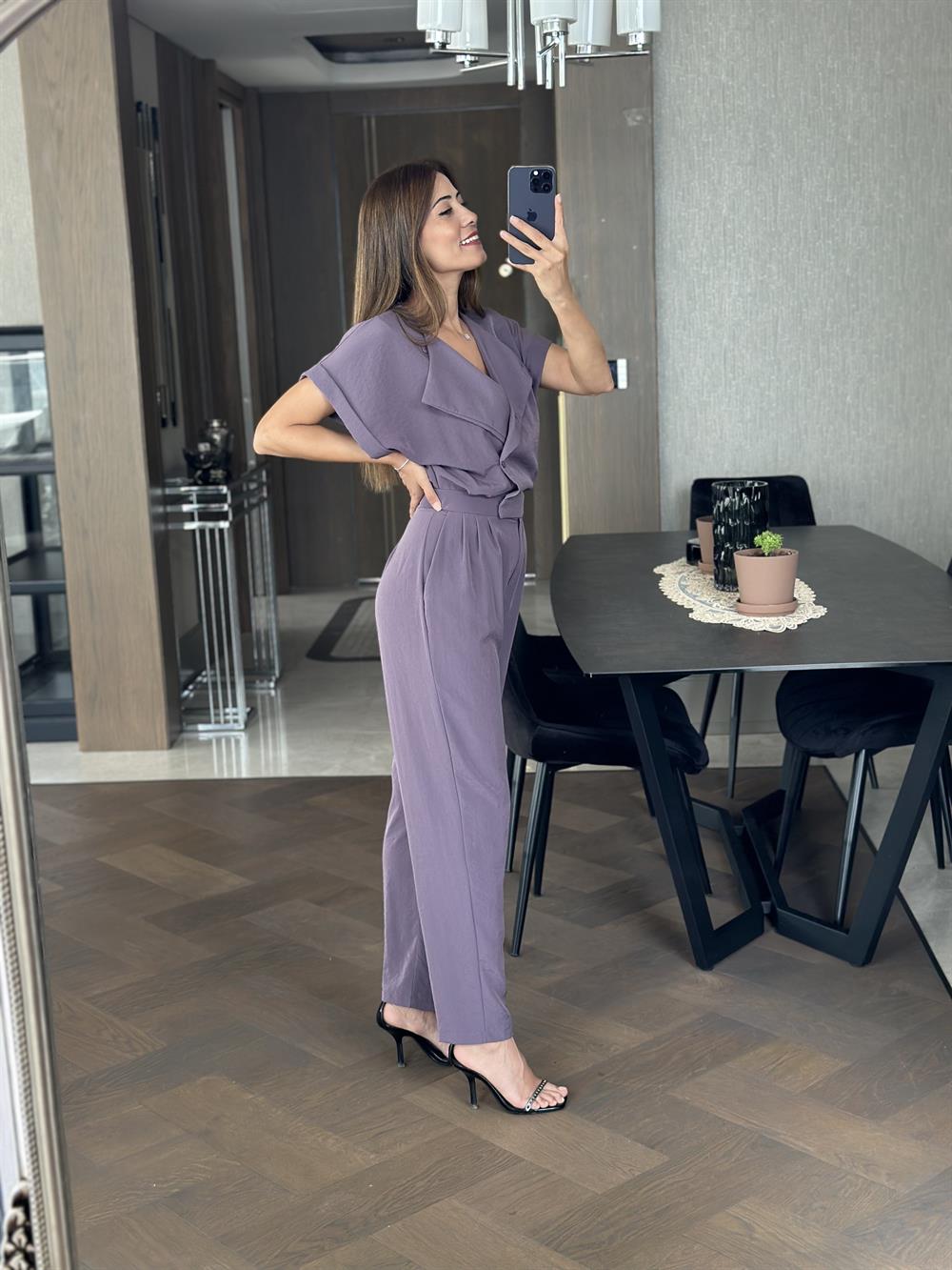 Leylak Havuç Model Önü Düğmeli Kadın Tulum