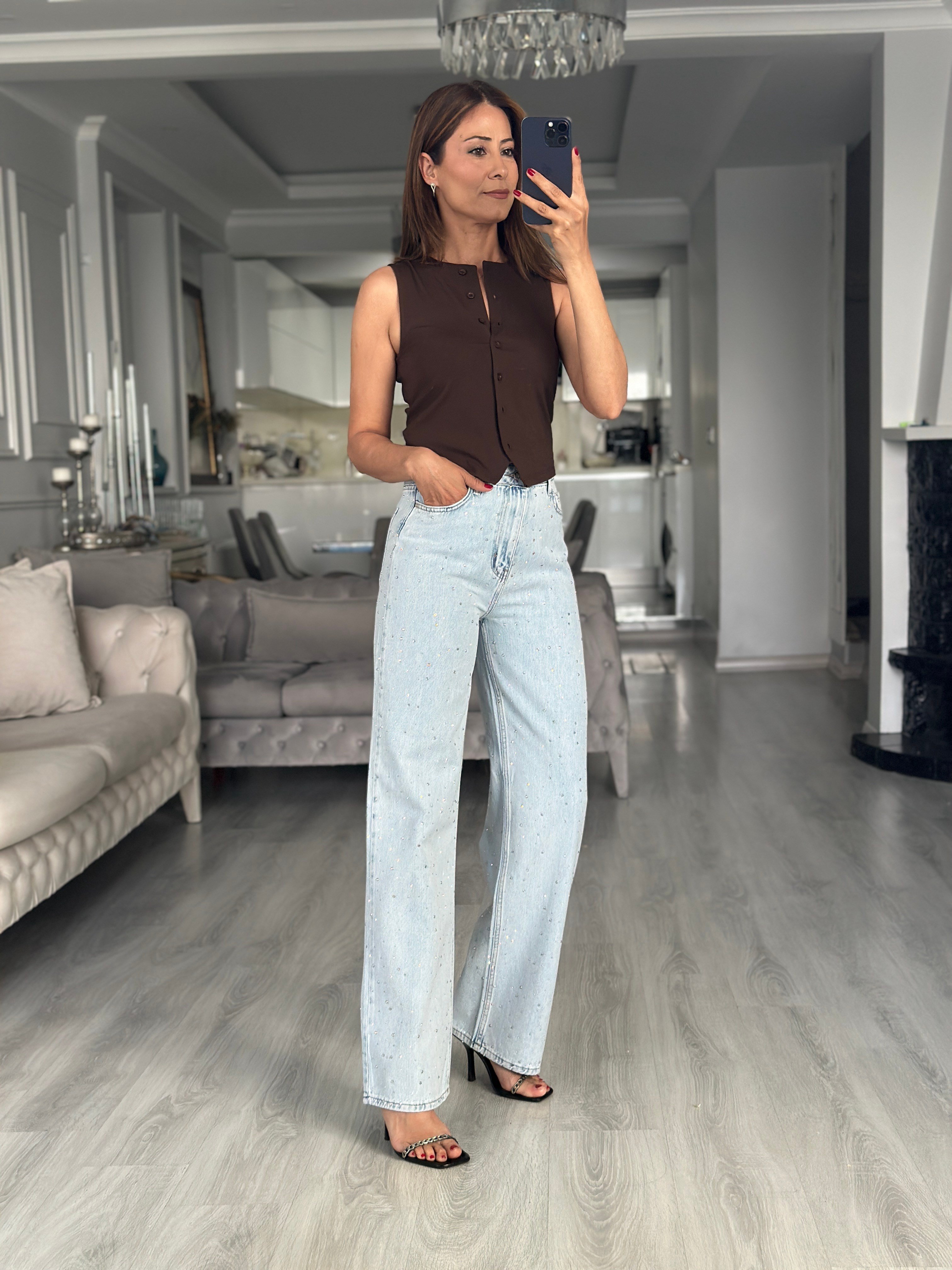 Light Blue Ön Arka Taşlı Wide Leg Kadın Jean Pantolon