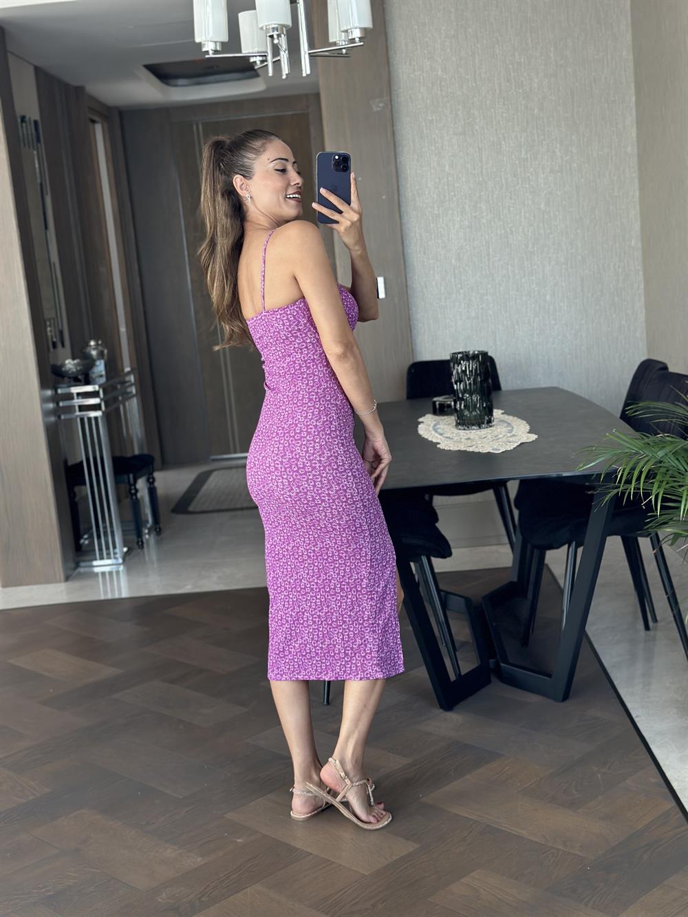 Lila Askılı Önü Drapeli Bürümcük Kadın Elbise