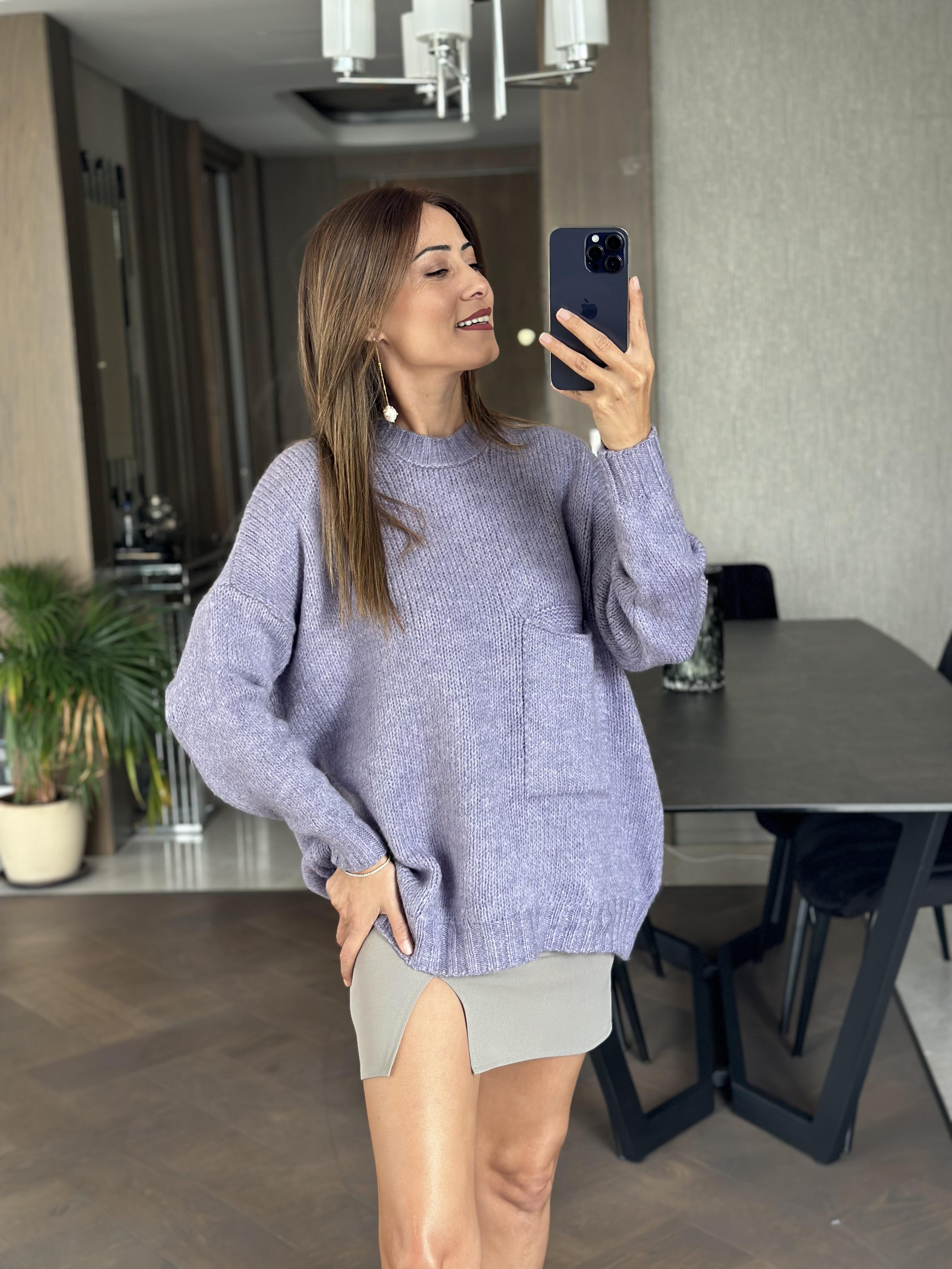 Lila Bisiklet Yaka Salaş Cepli Triko Kadın Kazak