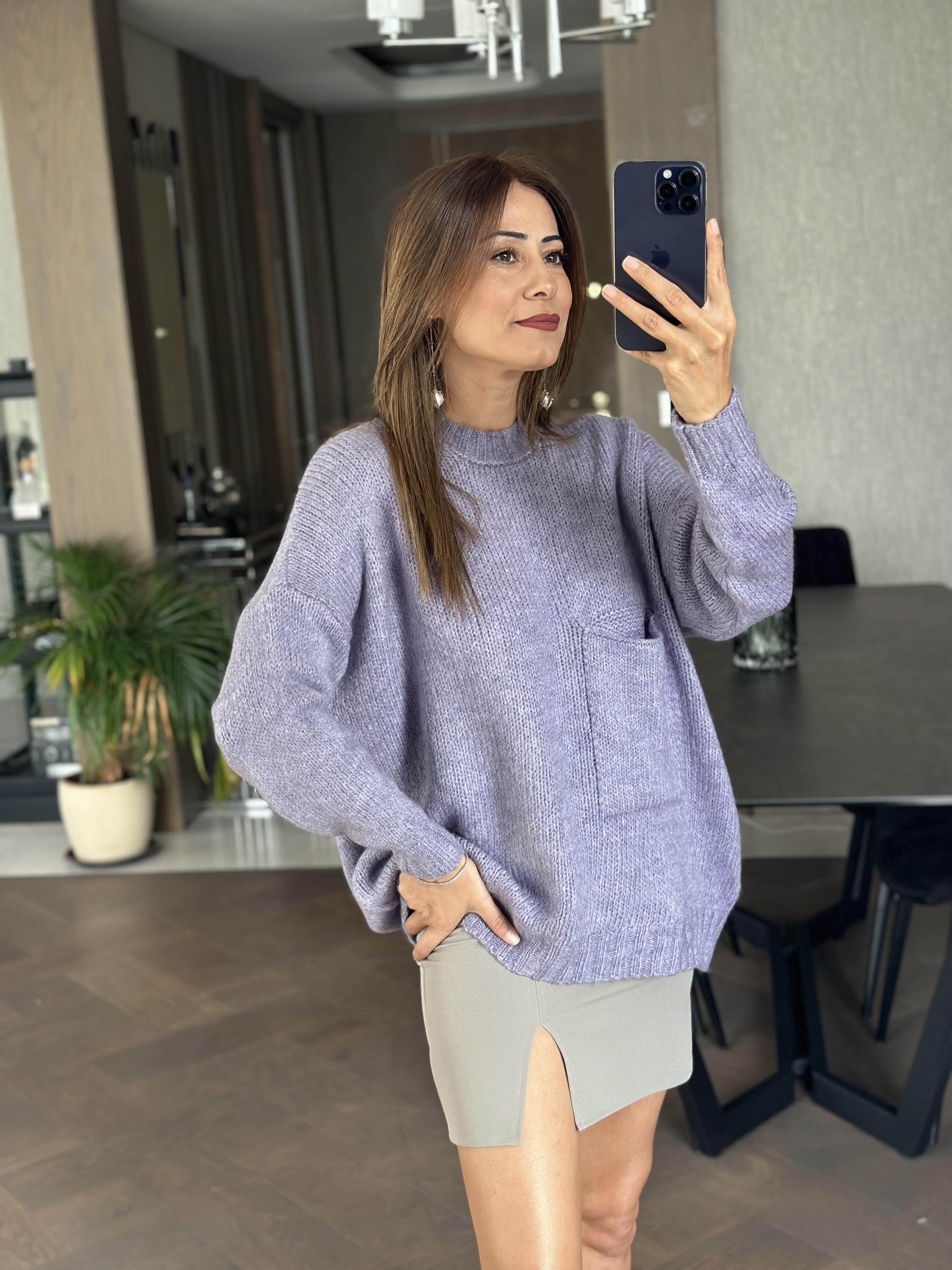 Lila Bisiklet Yaka Salaş Cepli Triko Kadın Kazak