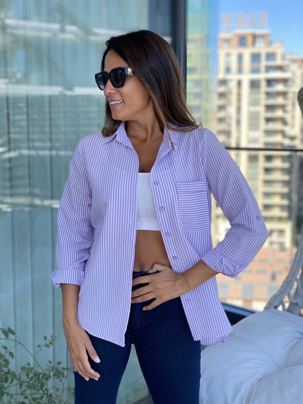 Lila Çizgili Gofre Kadın Gömlek