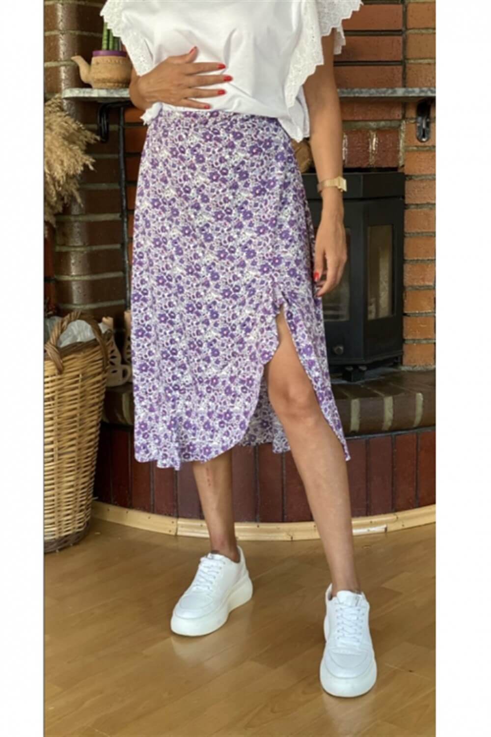 Lila  Önü Volanlı Çıtır Desen Etek
