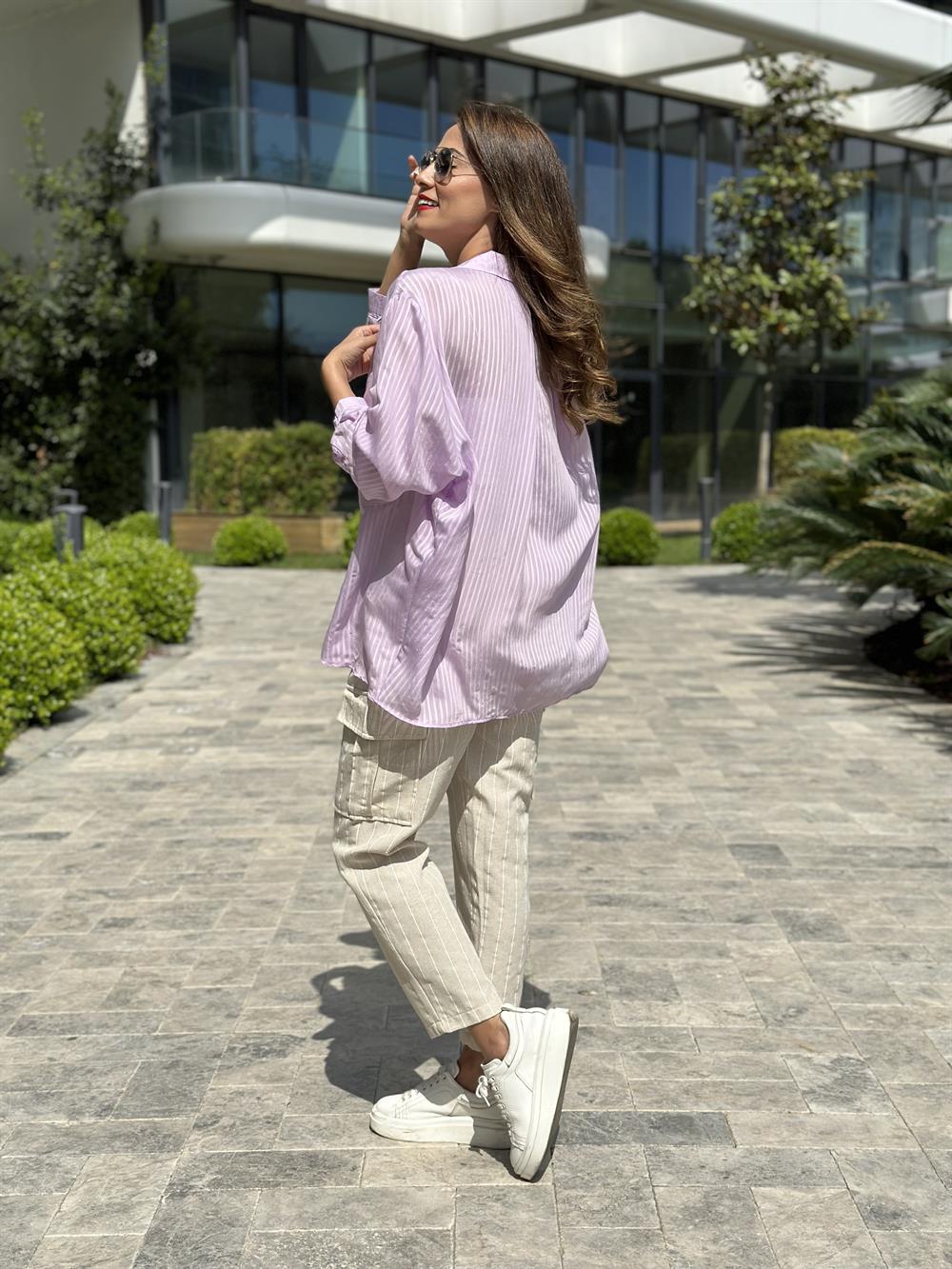 Lila Tek Cepli Oversize Kadın Gömlek