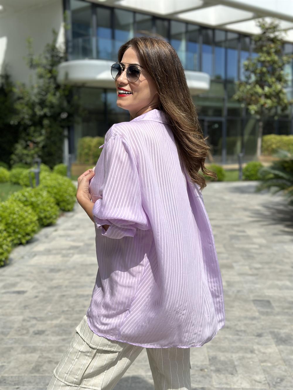 Lila Tek Cepli Oversize Kadın Gömlek