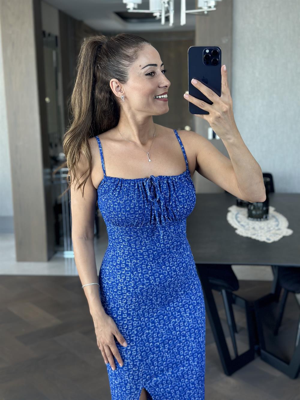 Mavi Askılı Önü Drapeli Bürümcük Kadın Elbise