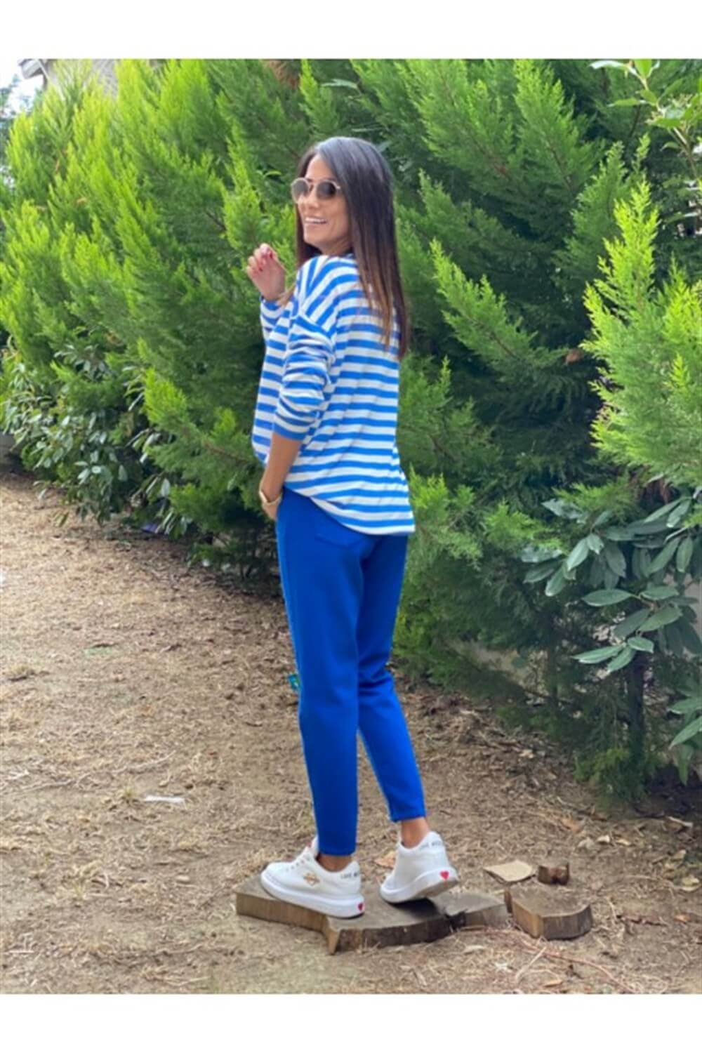 Mavi Bisiklet Yaka Çizgili Merserize Bluz