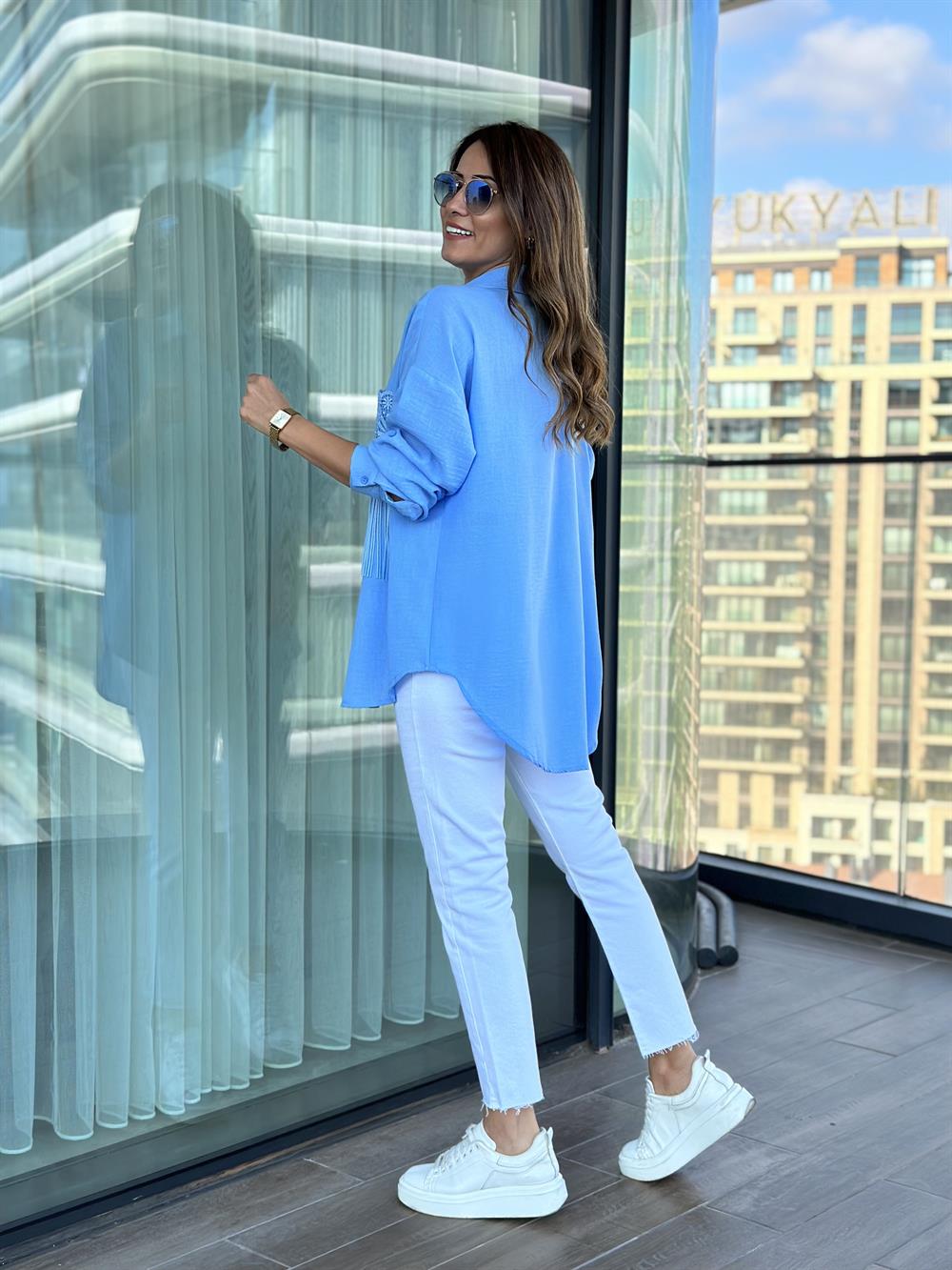 Mavi Cebi Dantel Keten Aerobin Kadın Gömlek